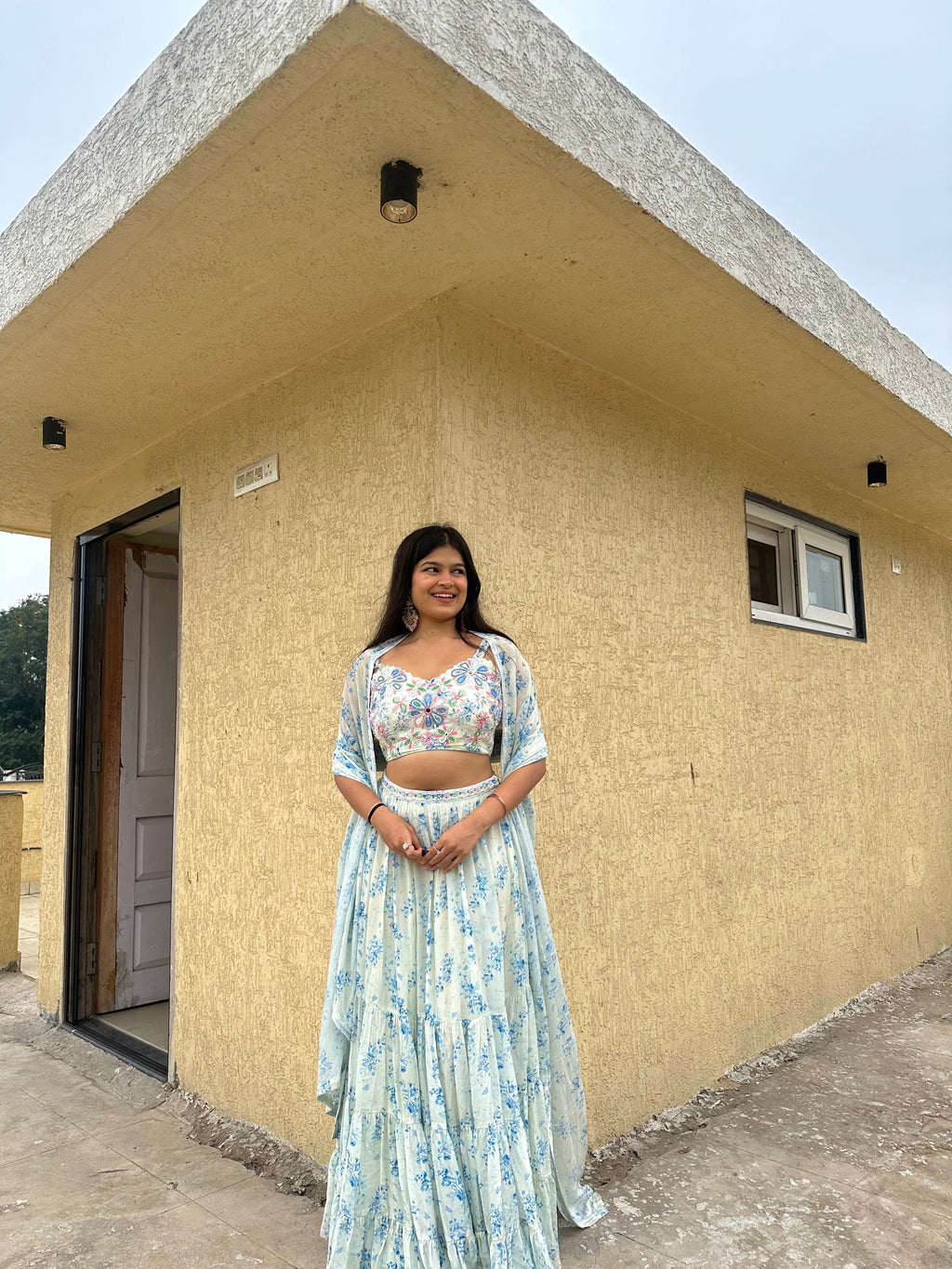 Crepe Ava Lehenga Set by Ewoke with Crepe, ivory lehenga, Nostalgia's Thread by Ewoke, printed lehenga, sustainable fashion, wedding lehengas, white printed lehengas at Kamakhyaa for sustainable fashion