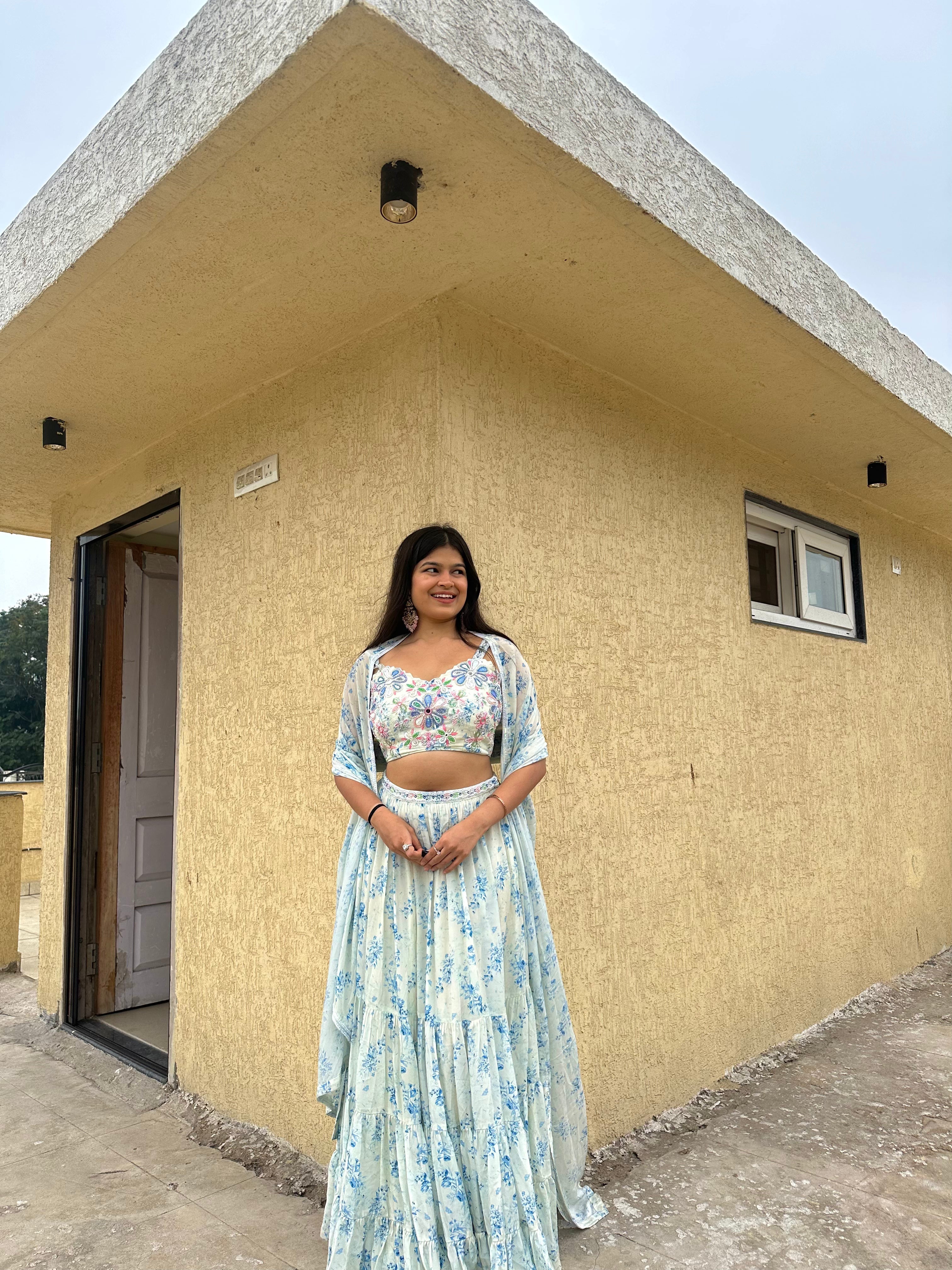 Crepe Ava Lehenga Set by Ewoke with Crepe, ivory lehenga, Nostalgia's Thread by Ewoke, printed lehenga, sustainable fashion, wedding lehengas, white printed lehengas at Kamakhyaa for sustainable fashion