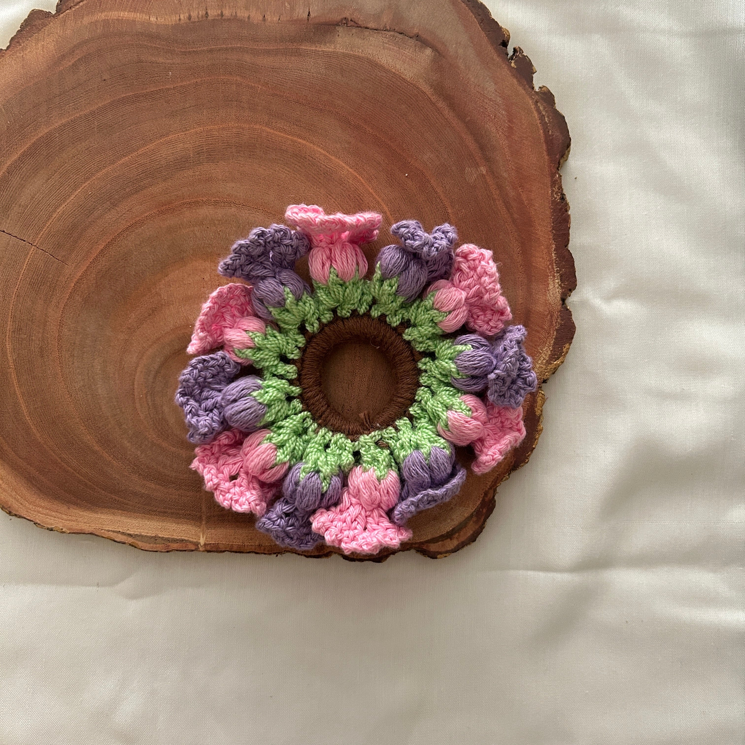 Purple and Pink Tulips Scrunchie by Ikriit'm with at Kamakhyaa for sustainable fashion