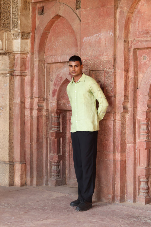 100% Hemp Green Hemp Embroidered Sleeves Men's Shirt by Ewoke with 100% Hemp, Green, menswear shirt, menswear shirts, Nostalgia's Thread by Ewoke at Kamakhyaa for sustainable fashion