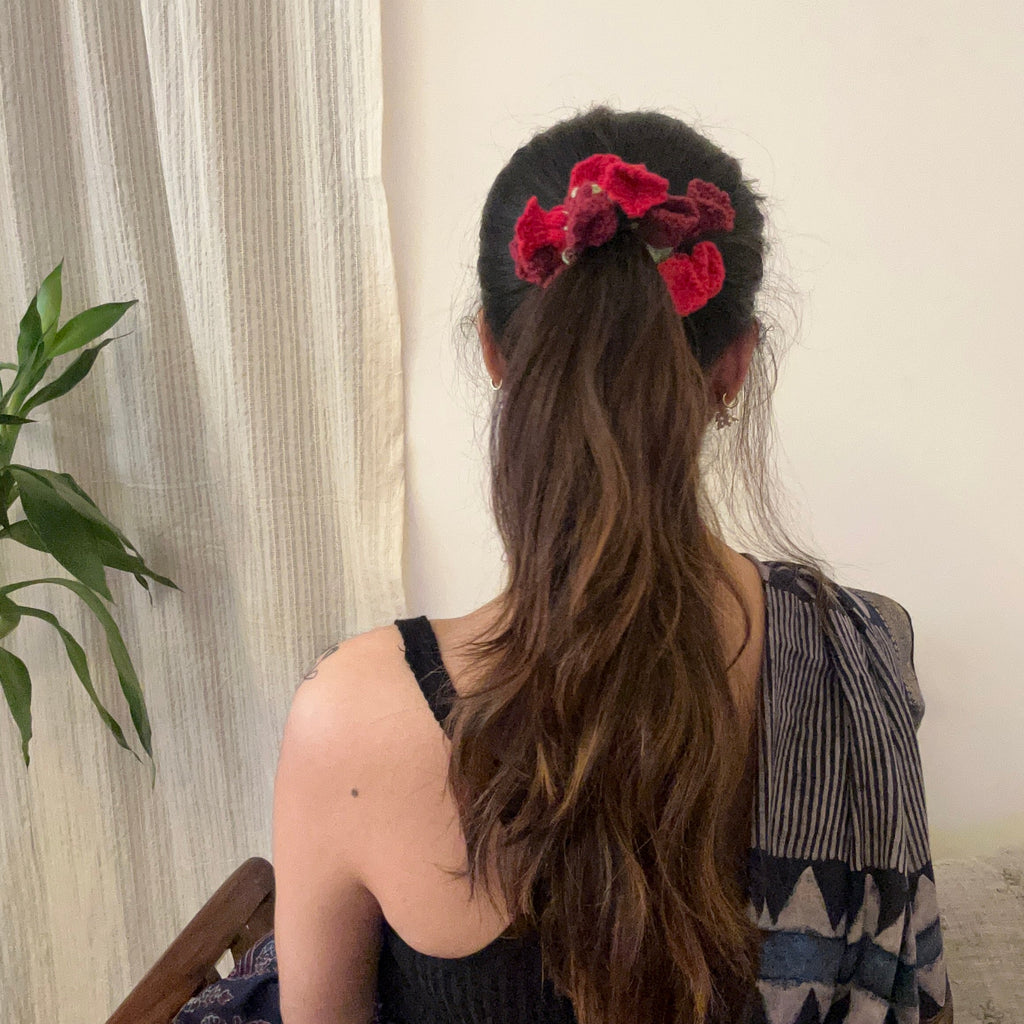 Red and Maroon Tulips Scrunchie by Ikriit'm with at Kamakhyaa for sustainable fashion
