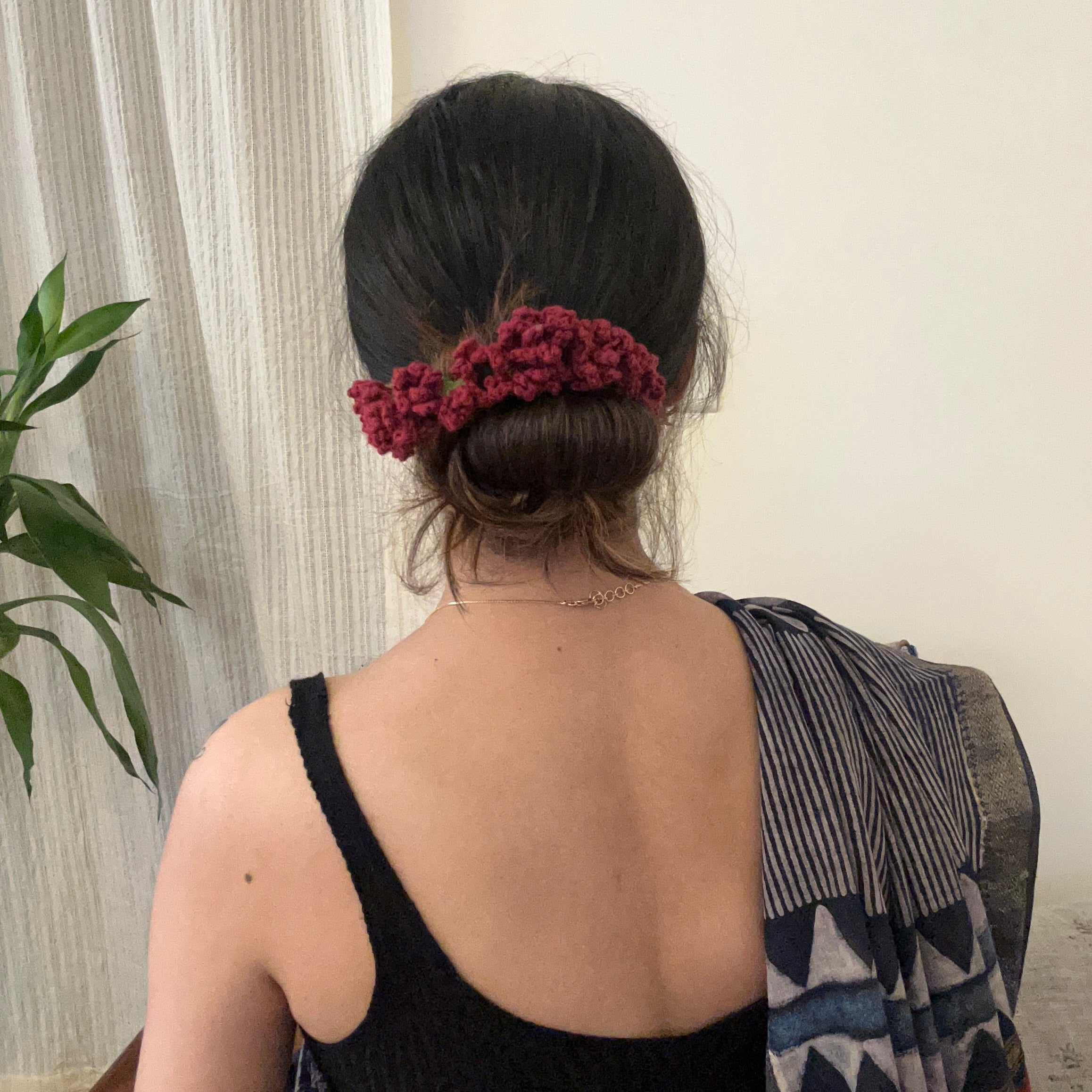 Maroon Gajra Scrunchie by Ikriit'm with at Kamakhyaa for sustainable fashion