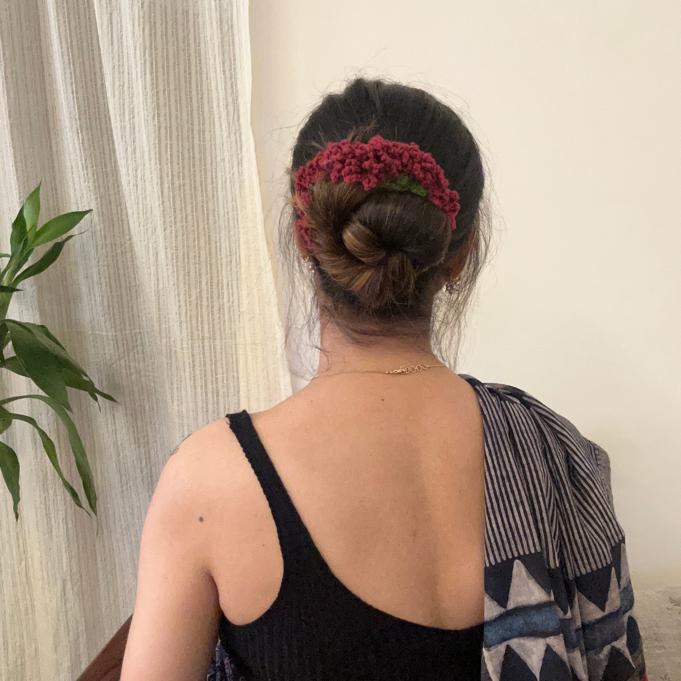 Maroon Gajra Scrunchie by Ikriit'm with at Kamakhyaa for sustainable fashion