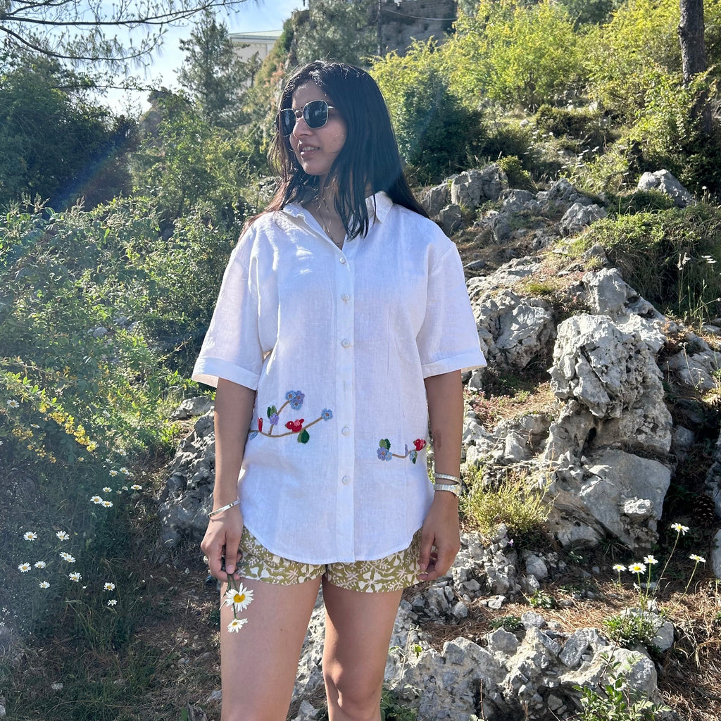 White Serene Stich Linen Shirt by Ikriit'm with Linen at Kamakhyaa for sustainable fashion