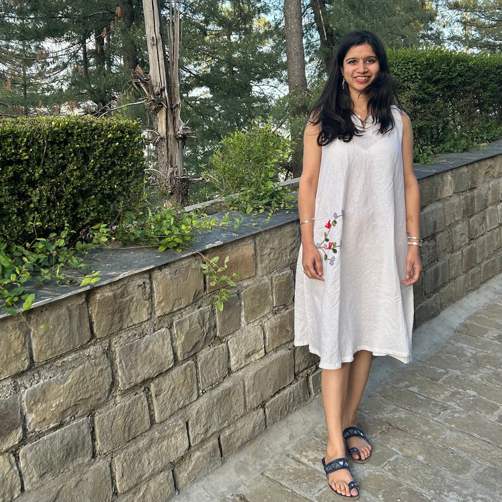 White Birds & Blossoms Linen Dress by Ikriit'm with Linen at Kamakhyaa for sustainable fashion