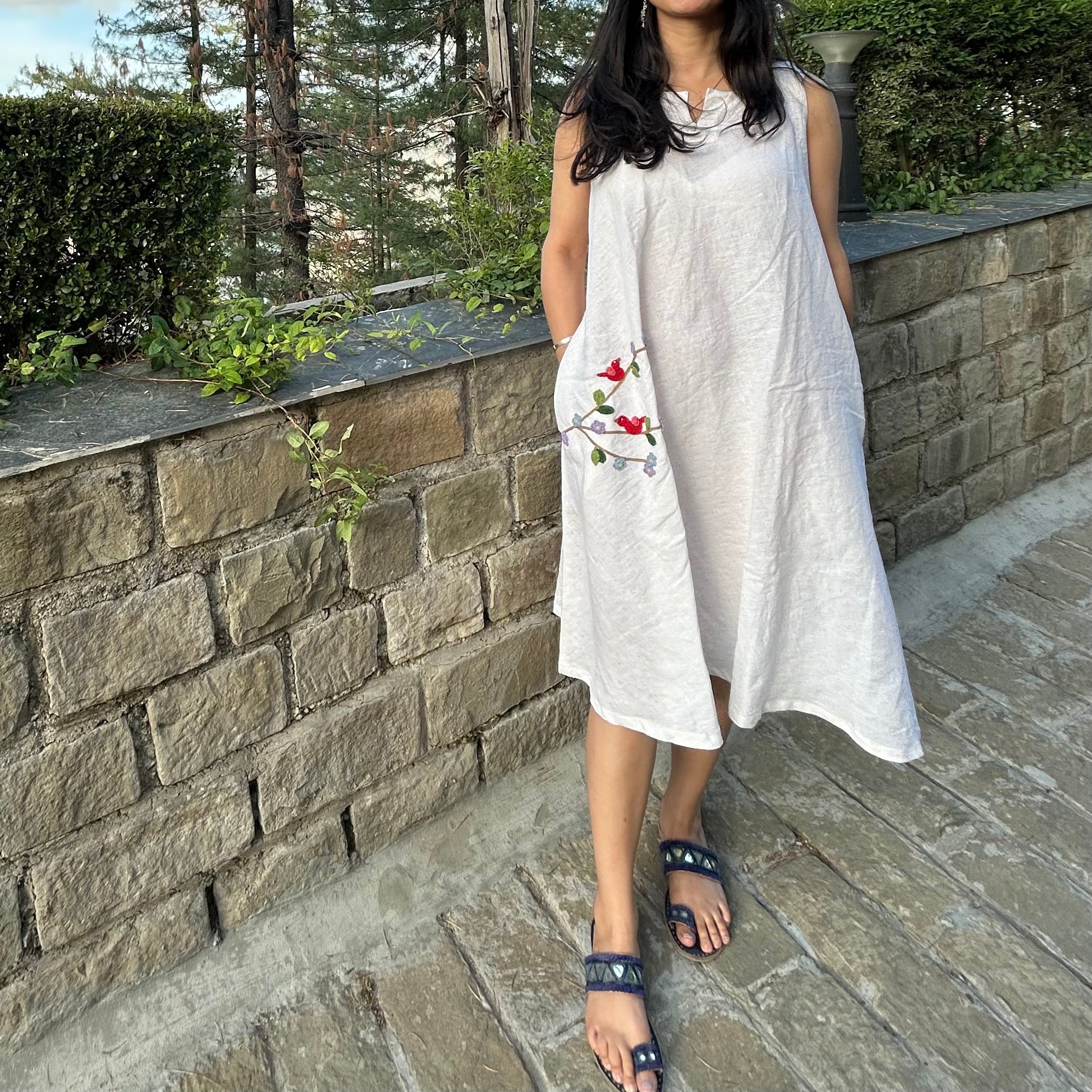 White Birds & Blossoms Linen Dress by Ikriit'm with Linen at Kamakhyaa for sustainable fashion