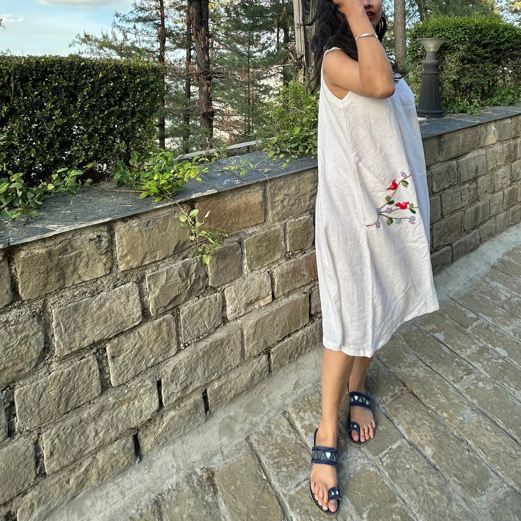 White Birds & Blossoms Linen Dress by Ikriit'm with Linen at Kamakhyaa for sustainable fashion
