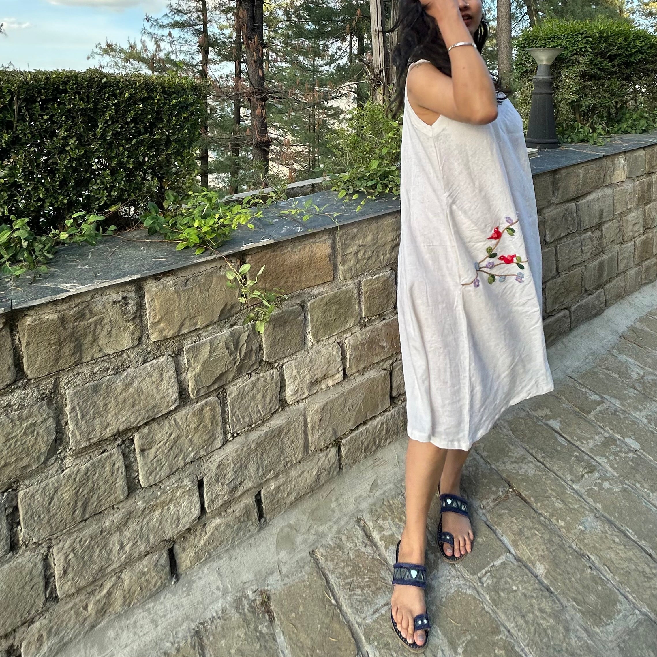 White Birds & Blossoms Linen Dress by Ikriit'm with Linen at Kamakhyaa for sustainable fashion