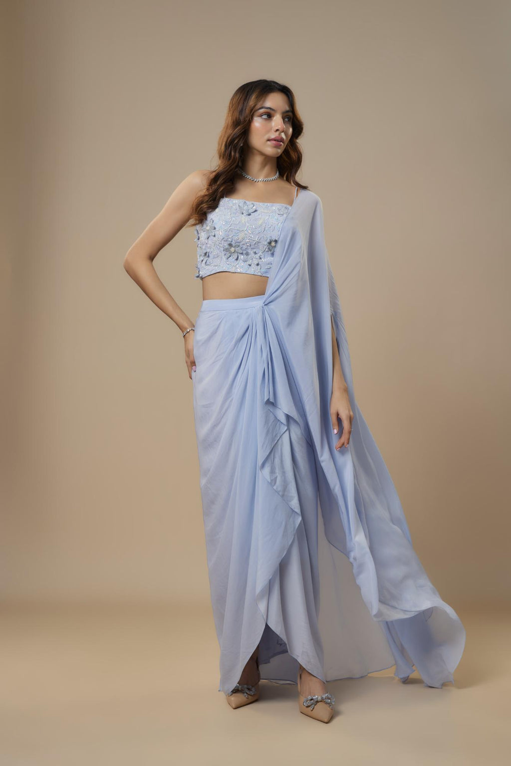 Georgette Ice Blue Drape Saree by Ewoke with Drape saree, draped set, ethnic coords set, Georgette, Nostalgia's Thread by Ewoke, Sustainable, sustainable fashion at Kamakhyaa for sustainable fashion