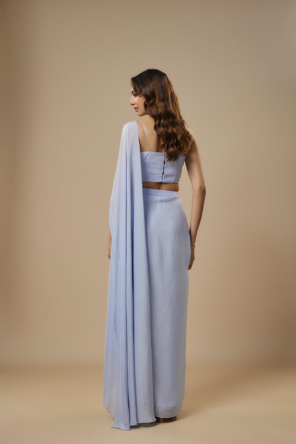 Georgette Ice Blue Drape Saree by Ewoke with Drape saree, draped set, ethnic coords set, Georgette, Nostalgia's Thread by Ewoke, Sustainable, sustainable fashion at Kamakhyaa for sustainable fashion