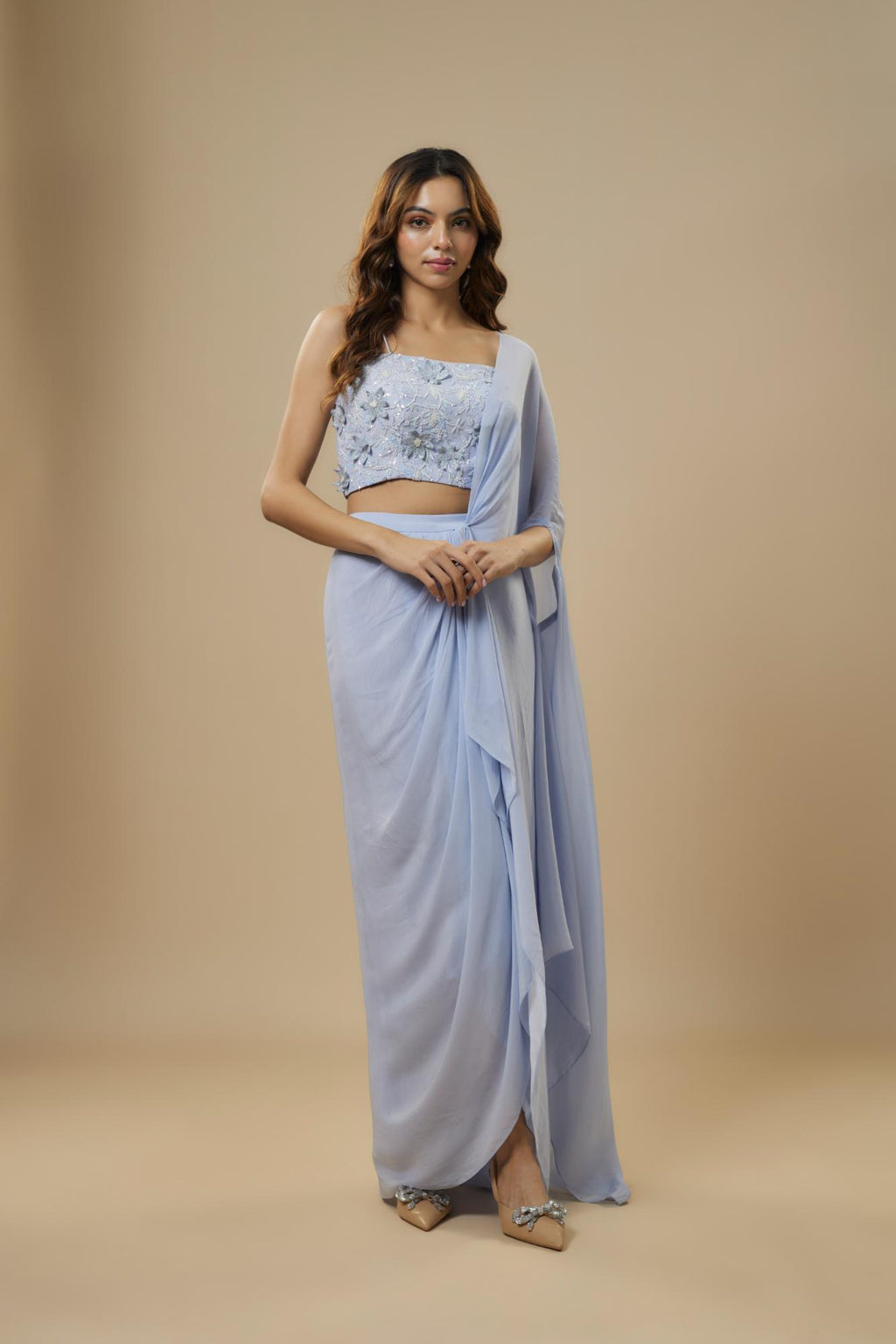 Georgette Ice Blue Drape Saree by Ewoke with Drape saree, draped set, ethnic coords set, Georgette, Nostalgia's Thread by Ewoke, Sustainable, sustainable fashion at Kamakhyaa for sustainable fashion