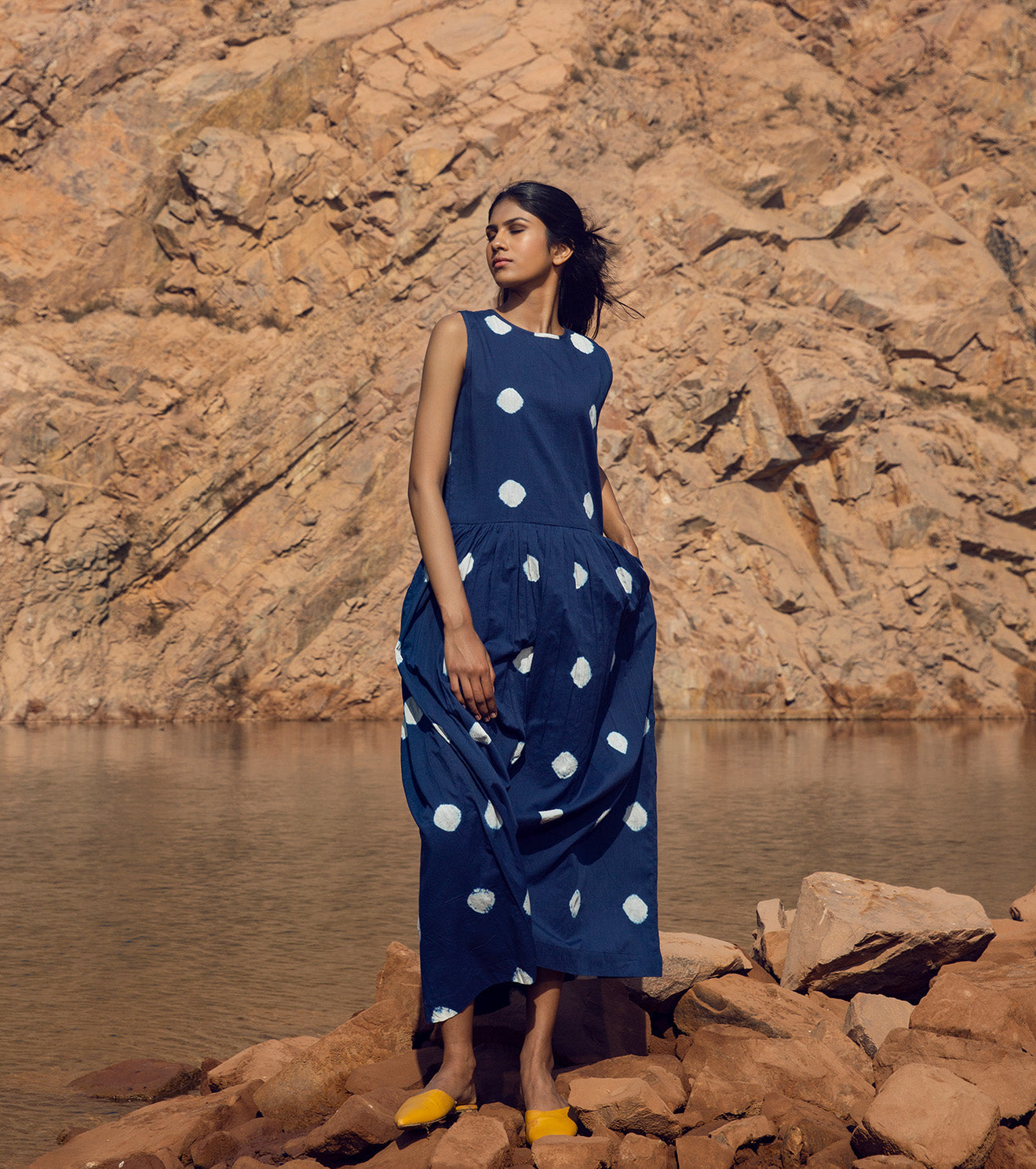 Indigo Blue Maxi Dress by Khara Kapas with 32 Days Of Summer by Khara Kapas, Blue, Maxi Dresses, Mulmul, Natural, Relaxed Fit, Resort Wear, Sleeveless Dresses, Solids, Womenswear at Kamakhyaa for sustainable fashion