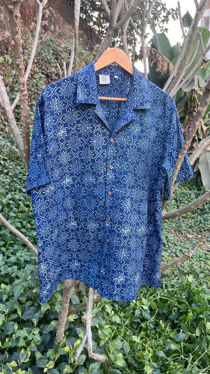 Iris Indigo Shirt by Hasttvam with CottonFloralCasual WearIndigoHandmade by artisans, Floral, Natural dyes, Respondible production and Vegan at Kamakhyaa for sustainable fashion