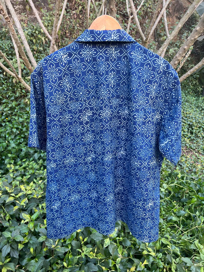 Iris Indigo Shirt by Hasttvam with CottonFloralCasual WearIndigoHandmade by artisans, Floral, Natural dyes, Respondible production and Vegan at Kamakhyaa for sustainable fashion