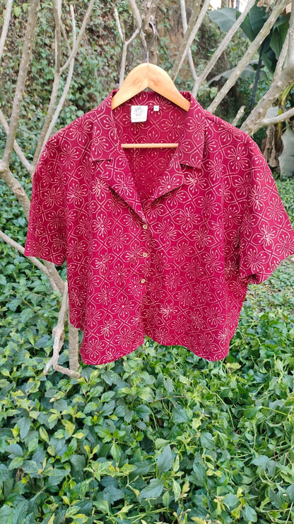 Red Iris Crop Shirt by Hasttvam with CottonFloralCasual WearRedHandmade by artisans, Natural dyes, Relaxed Fit, Respondible production and Vegan at Kamakhyaa for sustainable fashion