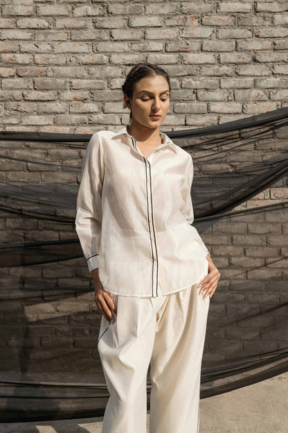 Ivory Chanderi Classic Shirt by Ahmev with Casual Wear, Chanderi, Ink And Ivory by Ahmev, Prints, Relaxed Fit, Shirt, Shirts, White, Womenswear at Kamakhyaa for sustainable fashion