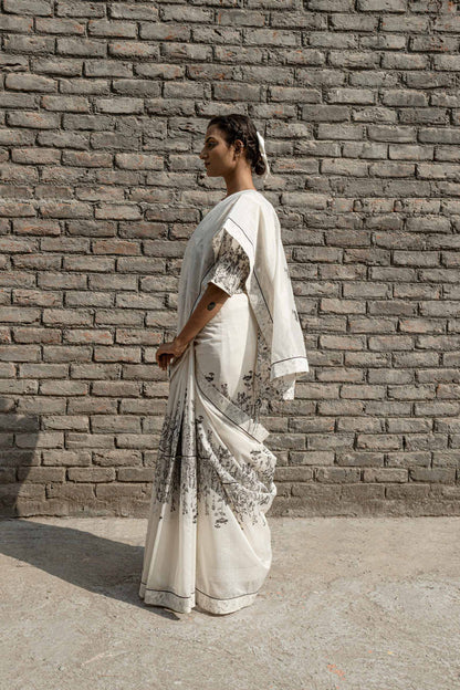 Ivory Chanderi Saree by Ahmev with Best Selling, Casual Wear, Chanderi, For Mother, Free Size, Indian Wear, Ink And Ivory by Ahmev, Prints, Sarees, White, Womenswear at Kamakhyaa for sustainable fashion