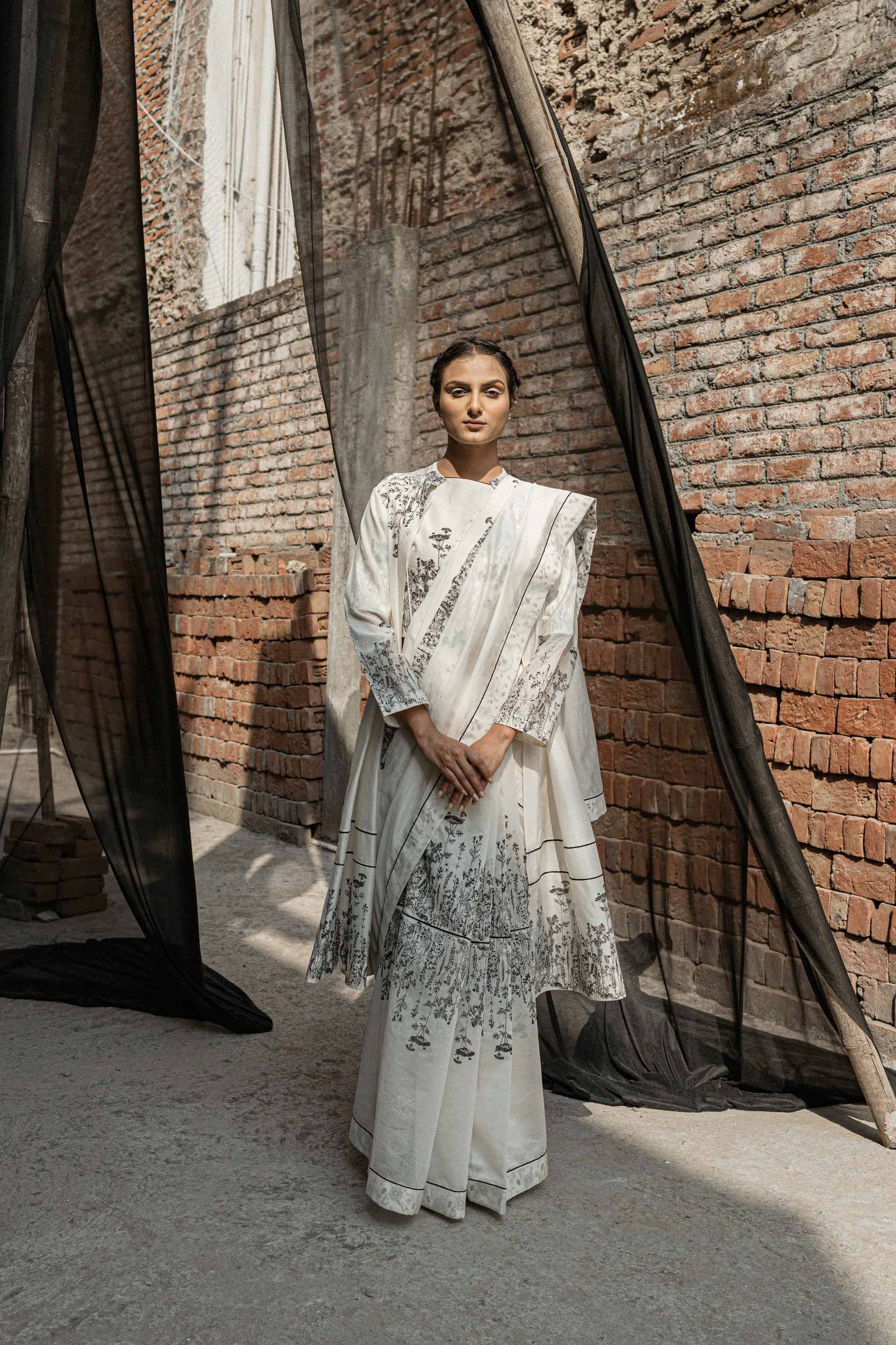 Ivory Chanderi Saree by Ahmev with Best Selling, Casual Wear, Chanderi, For Mother, Free Size, Indian Wear, Ink And Ivory by Ahmev, Prints, Sarees, White, Womenswear at Kamakhyaa for sustainable fashion