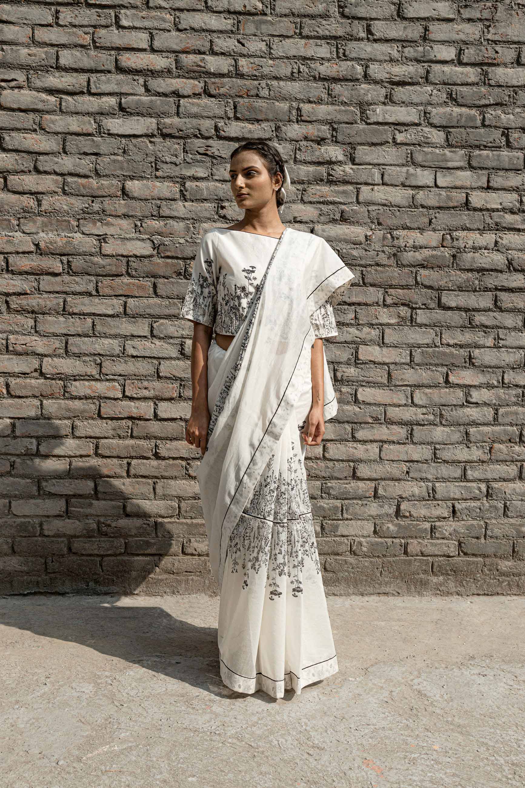 Ivory Chanderi Saree by Ahmev with Best Selling, Casual Wear, Chanderi, For Mother, Free Size, Indian Wear, Ink And Ivory by Ahmev, Prints, Sarees, White, Womenswear at Kamakhyaa for sustainable fashion