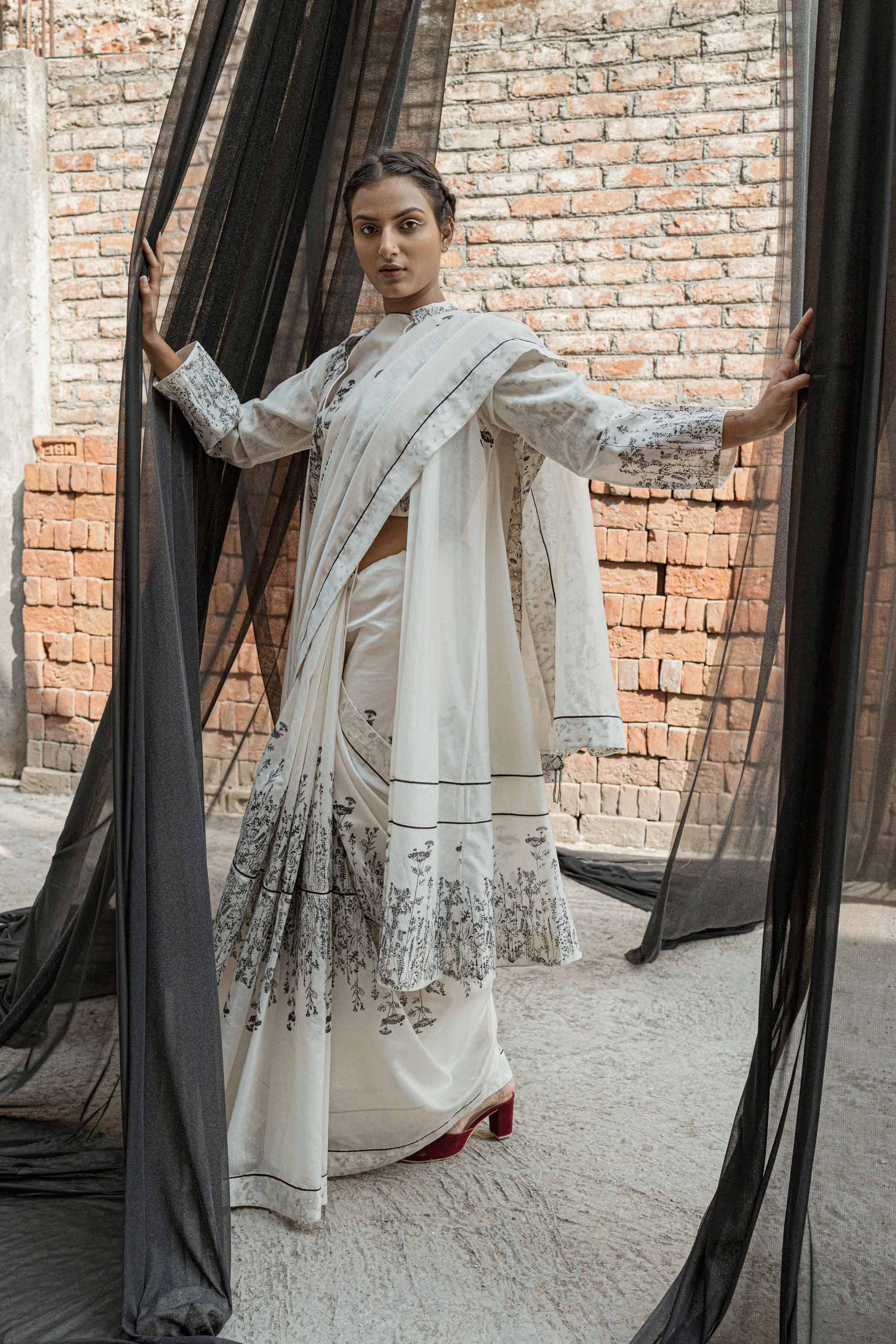 Ivory Chanderi Saree by Ahmev with Best Selling, Casual Wear, Chanderi, For Mother, Free Size, Indian Wear, Ink And Ivory by Ahmev, Prints, Sarees, White, Womenswear at Kamakhyaa for sustainable fashion