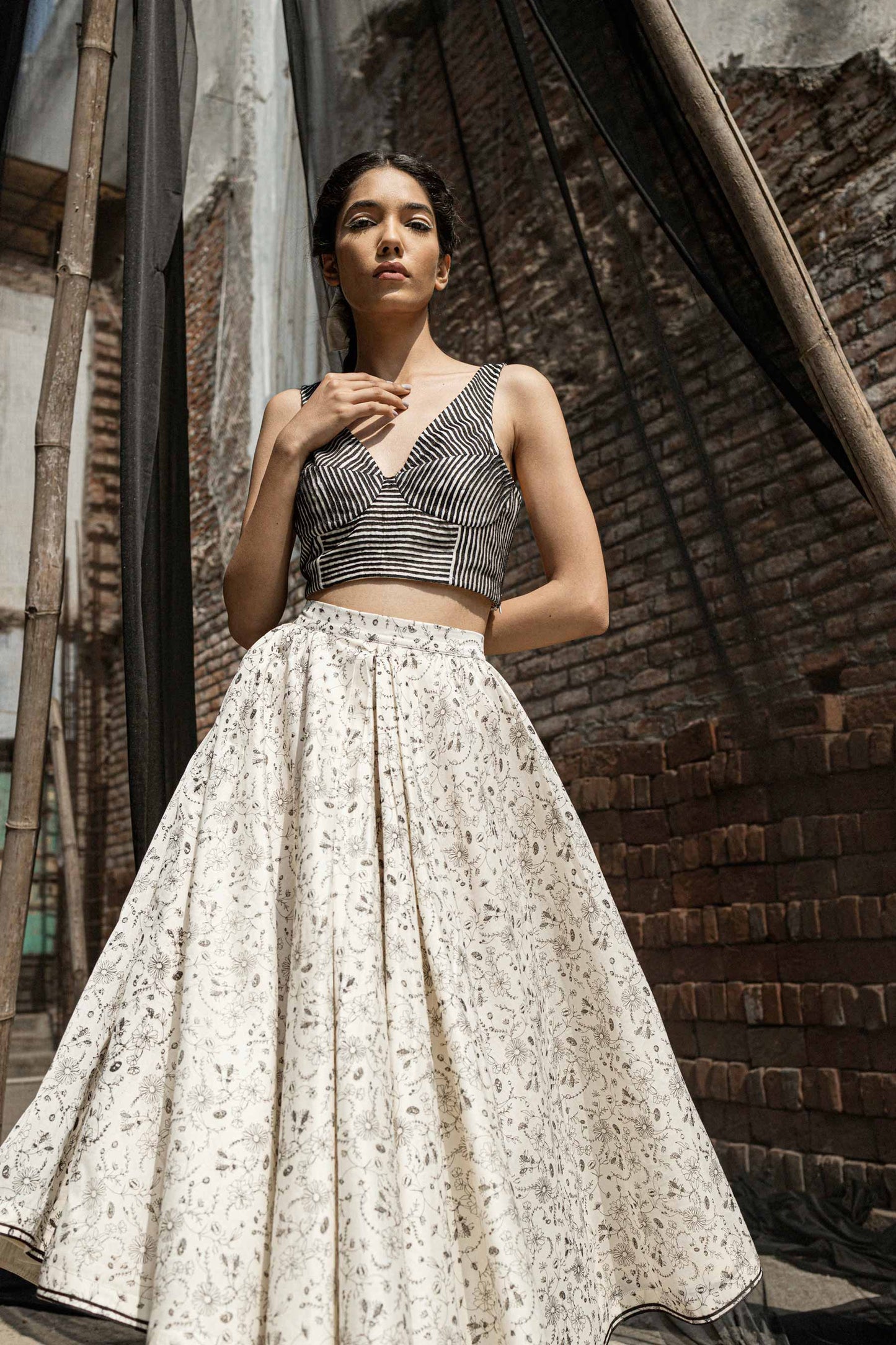 Ivory Chanderi Skirt by Ahmev with Best Selling, Casual Wear, Chanderi, Ink And Ivory by Ahmev, Midi Skirt, Midi Skirts, Prints, Relaxed Fit, Skirts, White, Womenswear at Kamakhyaa for sustainable fashion