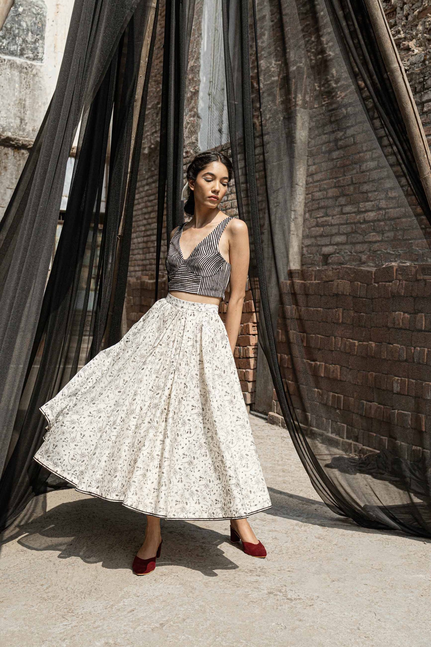 Ivory Chanderi Skirt by Ahmev with Best Selling, Casual Wear, Chanderi, Ink And Ivory by Ahmev, Midi Skirt, Midi Skirts, Prints, Relaxed Fit, Skirts, White, Womenswear at Kamakhyaa for sustainable fashion