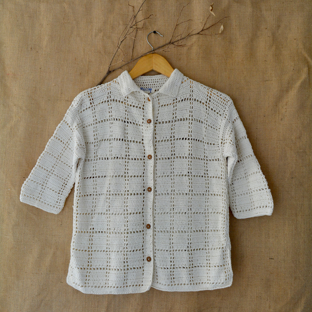 Ivory Grid Crochet Shirt by Ikriit'm with Crochet Apparel at Kamakhyaa for sustainable fashion