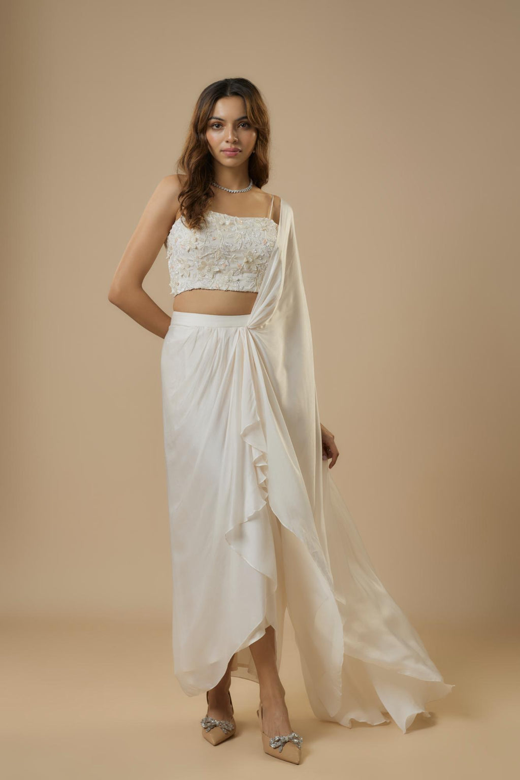 Georgette Ivory Drape Saree by Ewoke with destination wedding lehengas, embroidered lehengas, Georgette, Lehenga set, Nostalgia's Thread by Ewoke at Kamakhyaa for sustainable fashion