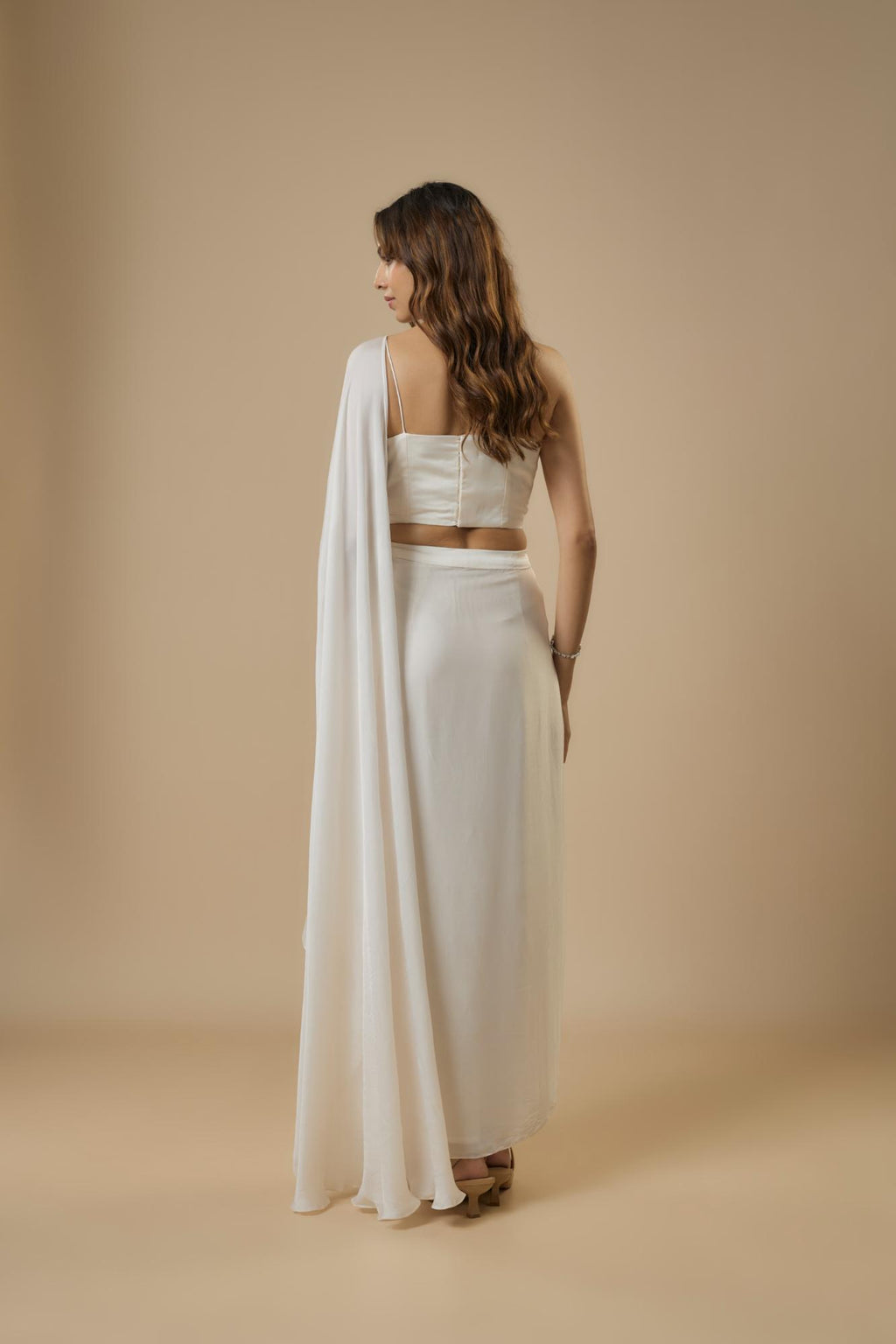 Georgette Ivory Drape Saree by Ewoke with destination wedding lehengas, embroidered lehengas, Georgette, Lehenga set, Nostalgia's Thread by Ewoke at Kamakhyaa for sustainable fashion