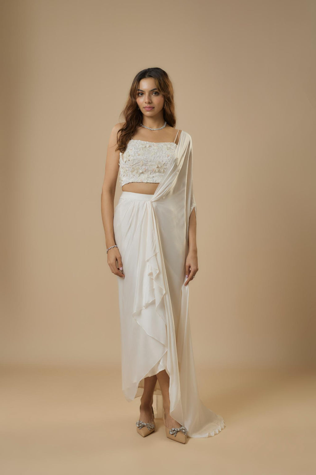 Georgette Ice Blue Drape Saree by Ewoke with Drape saree, draped set, ethnic coords set, Georgette, Nostalgia's Thread by Ewoke, Sustainable, sustainable fashion at Kamakhyaa for sustainable fashion