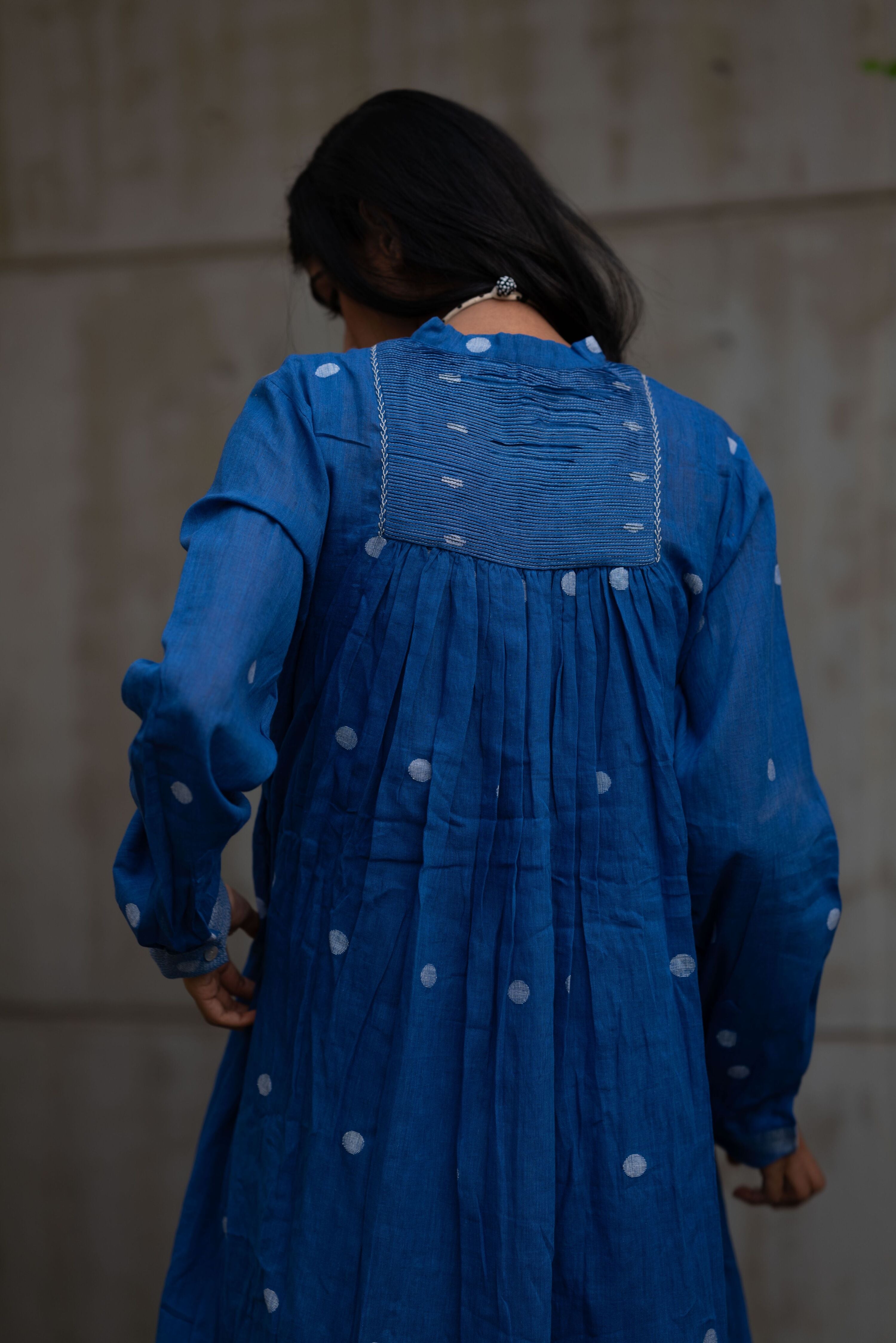 Blue Gathered Midi Dress with Polka Dots by Araayeh with Artisan Made, Blue, Handwoven Cotton, Midi Dresses, Office Wear, Polka Dots, Regular Fit at Kamakhyaa for sustainable fashion