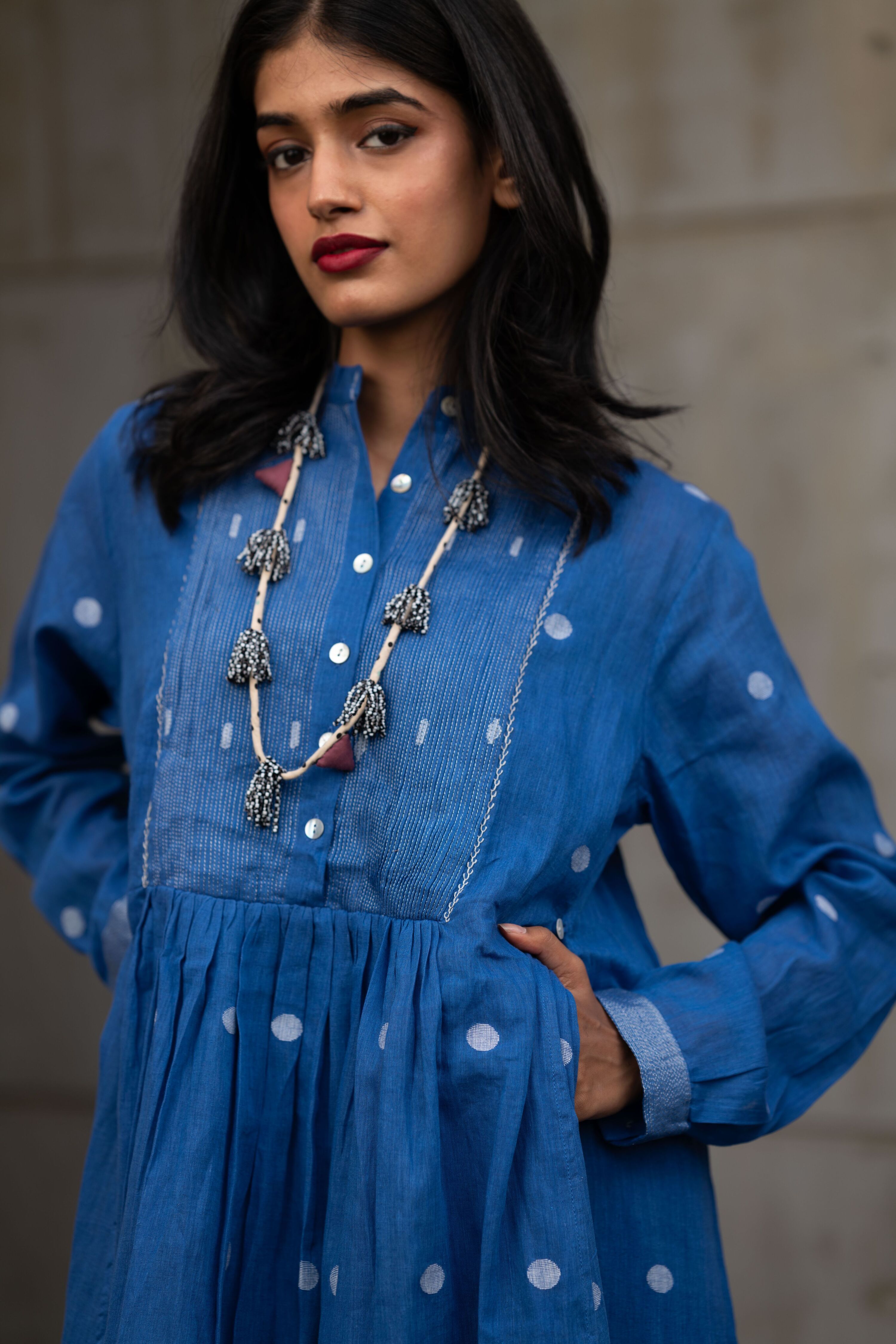 Blue Gathered Midi Dress with Polka Dots by Araayeh with Artisan Made, Blue, Handwoven Cotton, Midi Dresses, Office Wear, Polka Dots, Regular Fit at Kamakhyaa for sustainable fashion