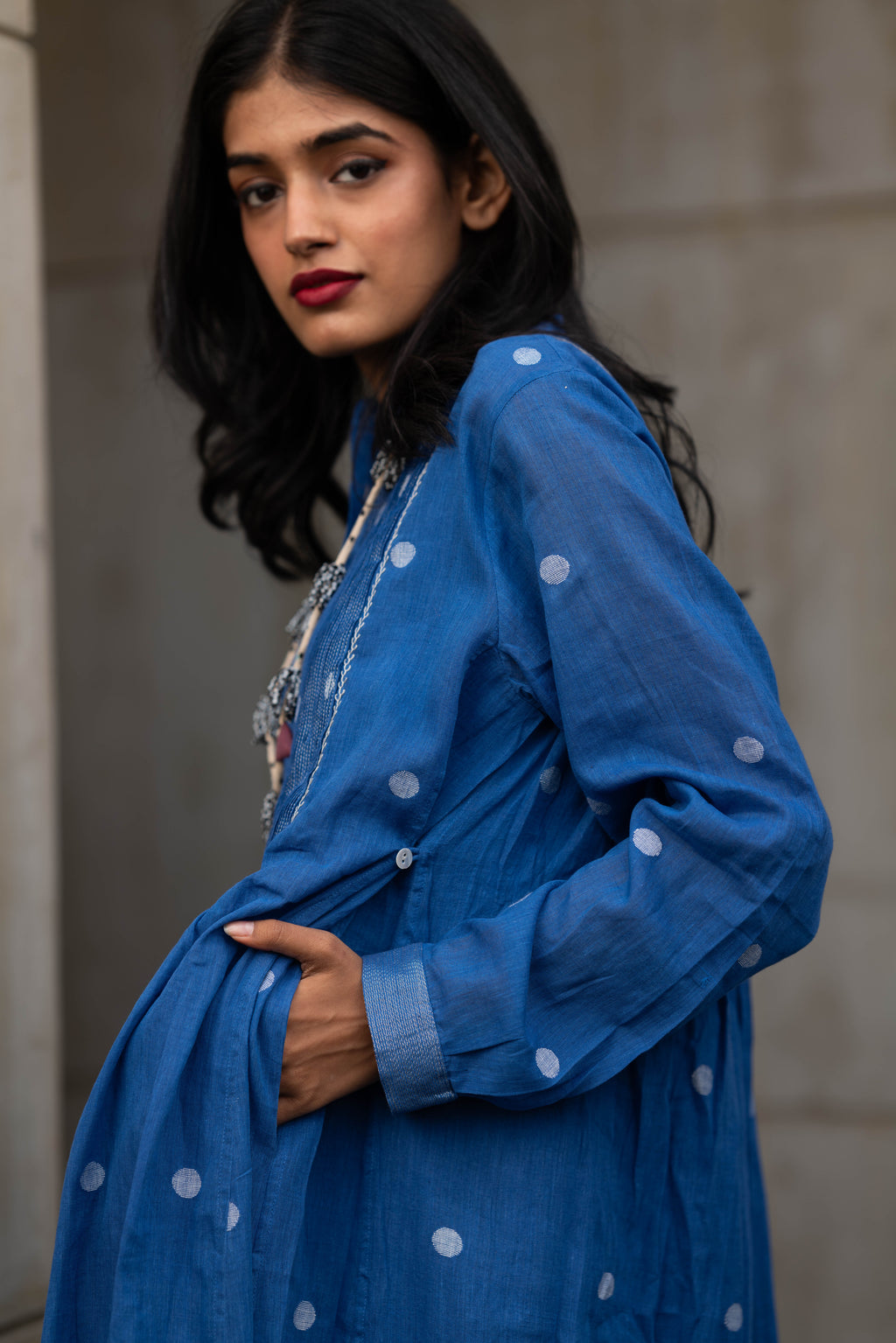 Blue Gathered Midi Dress with Polka Dots by Araayeh with Artisan Made, Blue, Handwoven Cotton, Midi Dresses, Office Wear, Polka Dots, Regular Fit at Kamakhyaa for sustainable fashion