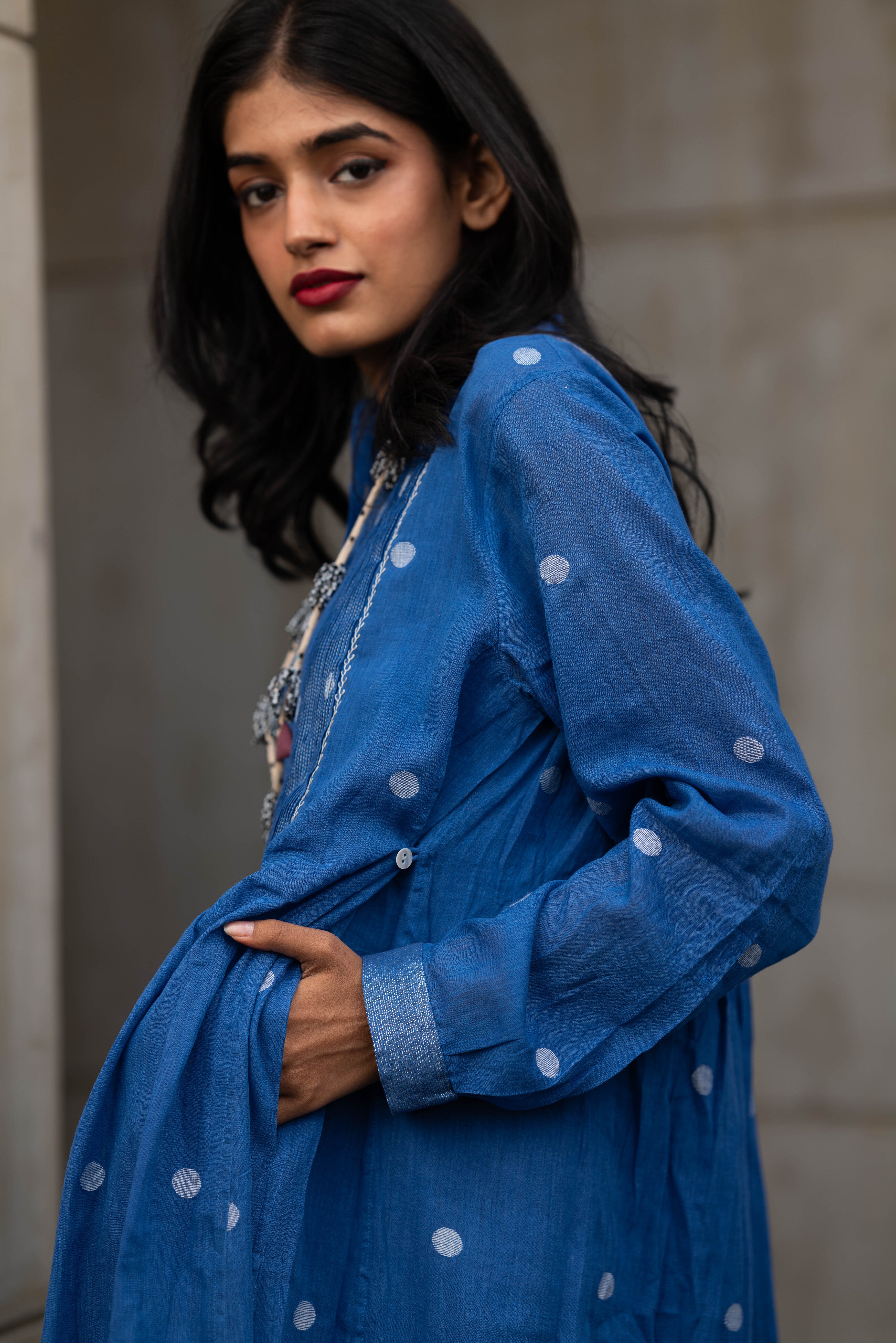 Blue Gathered Midi Dress with Polka Dots by Araayeh with Artisan Made, Blue, Handwoven Cotton, Midi Dresses, Office Wear, Polka Dots, Regular Fit at Kamakhyaa for sustainable fashion