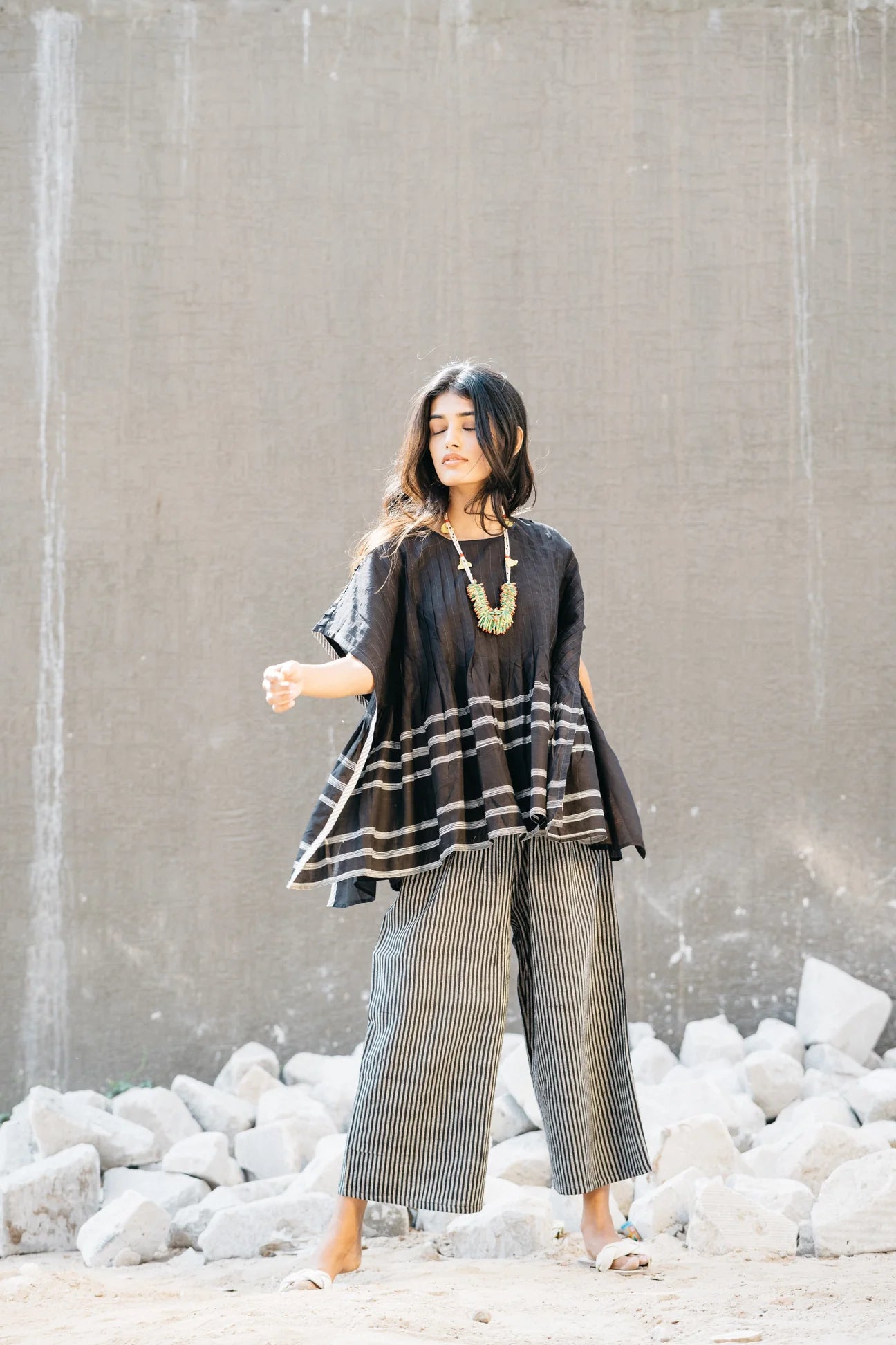 Black Striped Pants by Araayeh with Artisan Made, Black, Casual Wear, Handwoven Cotton, Pants, Relaxed Fit, Stripes at Kamakhyaa for sustainable fashion