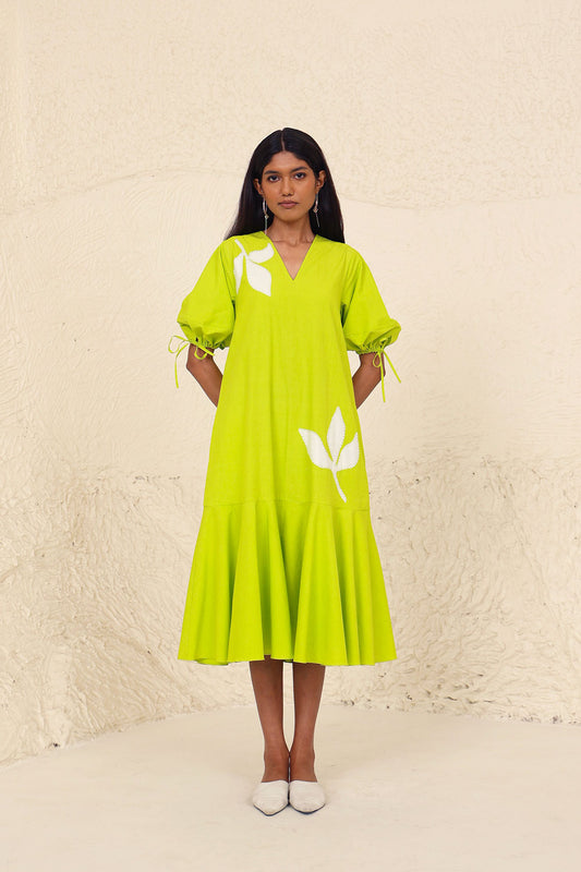 Lime Solid Midi Dress by Kanelle with Cotton Poplin, Evening Wear, Floral, Green, Lime, Made from Natural Materials, Midi Dresses, One by One by Kanelle, Regular Fit at Kamakhyaa for sustainable fashion