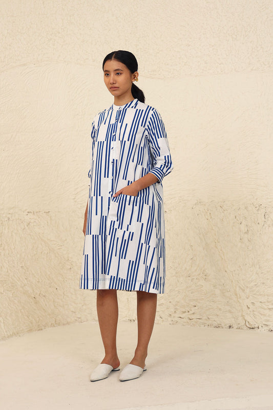 Blue Striped Midi Dress by Kanelle with Blue, Cotton Poplin, Evening Wear, Made from Natural Materials, Midi Dresses, One by One by Kanelle, Regular Fit, Stripes at Kamakhyaa for sustainable fashion