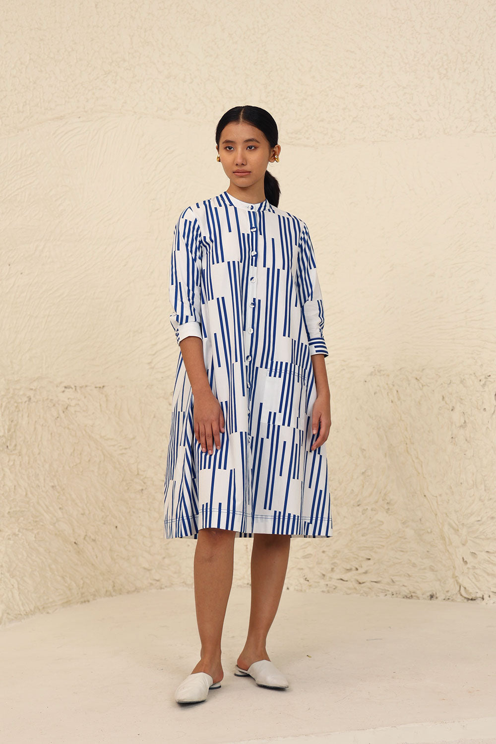 Blue Striped Midi Dress by Kanelle with Blue, Cotton Poplin, Evening Wear, Made from Natural Materials, Midi Dresses, One by One by Kanelle, Regular Fit, Stripes at Kamakhyaa for sustainable fashion
