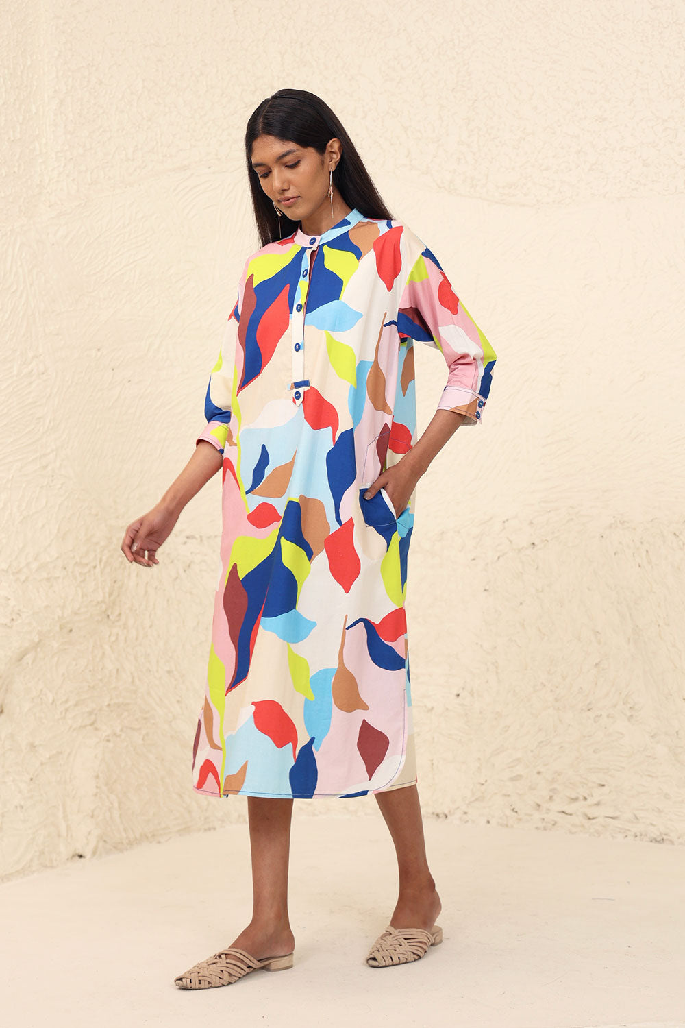 Multicolor Leaf Print Midi Dress by Kanelle with Cotton Poplin, Evening Wear, Leafy Pattern, Made from Natural Materials, Midi Dresses, Multicolor, One by One by Kanelle, Regular Fit at Kamakhyaa for sustainable fashion