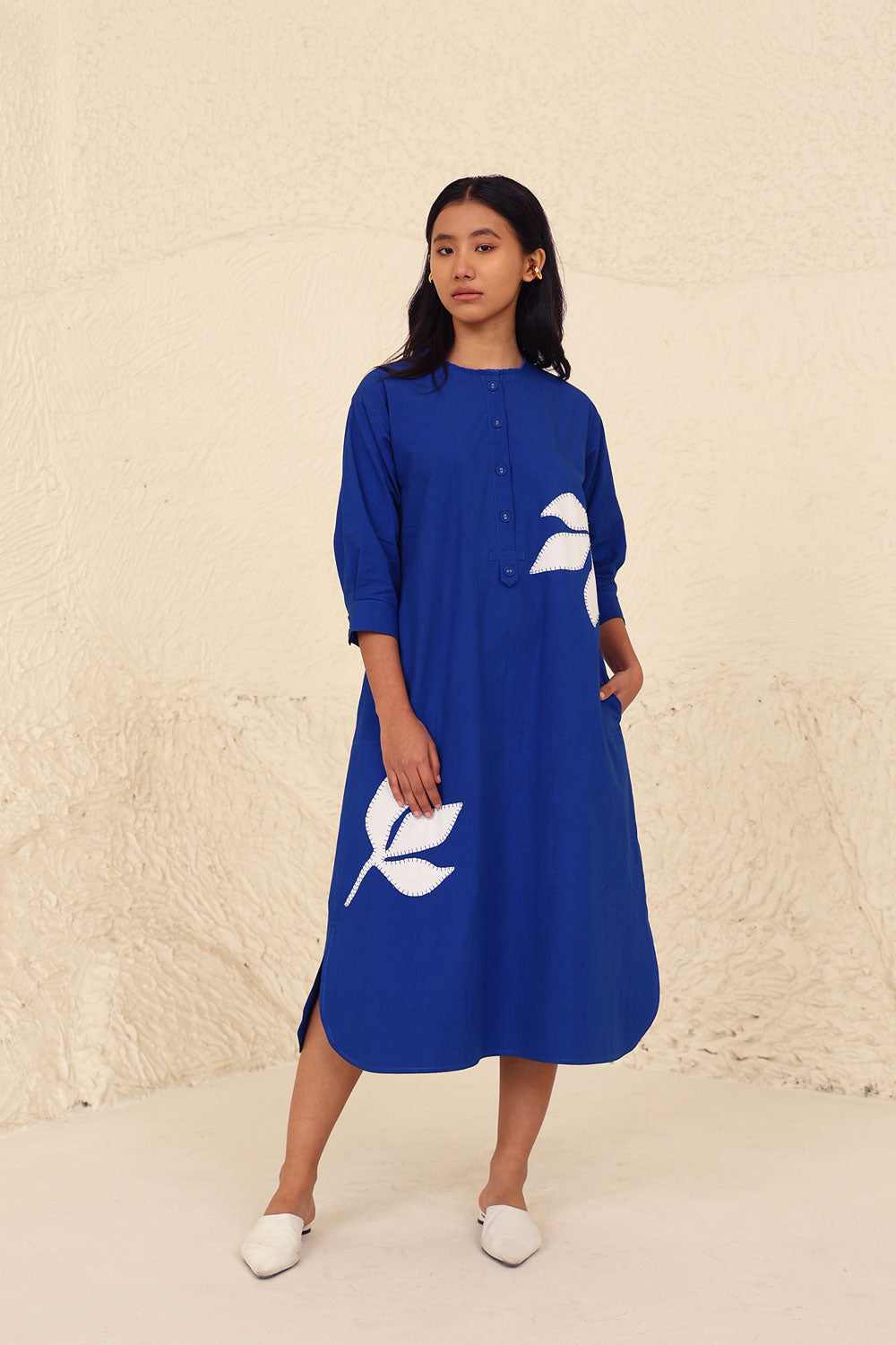Blue Solid Cotton Dress by Kanelle with Blue, Cotton Poplin, Evening Wear, Floral, Made from Natural Materials, Midi Dresses, One by One by Kanelle, Regular Fit at Kamakhyaa for sustainable fashion