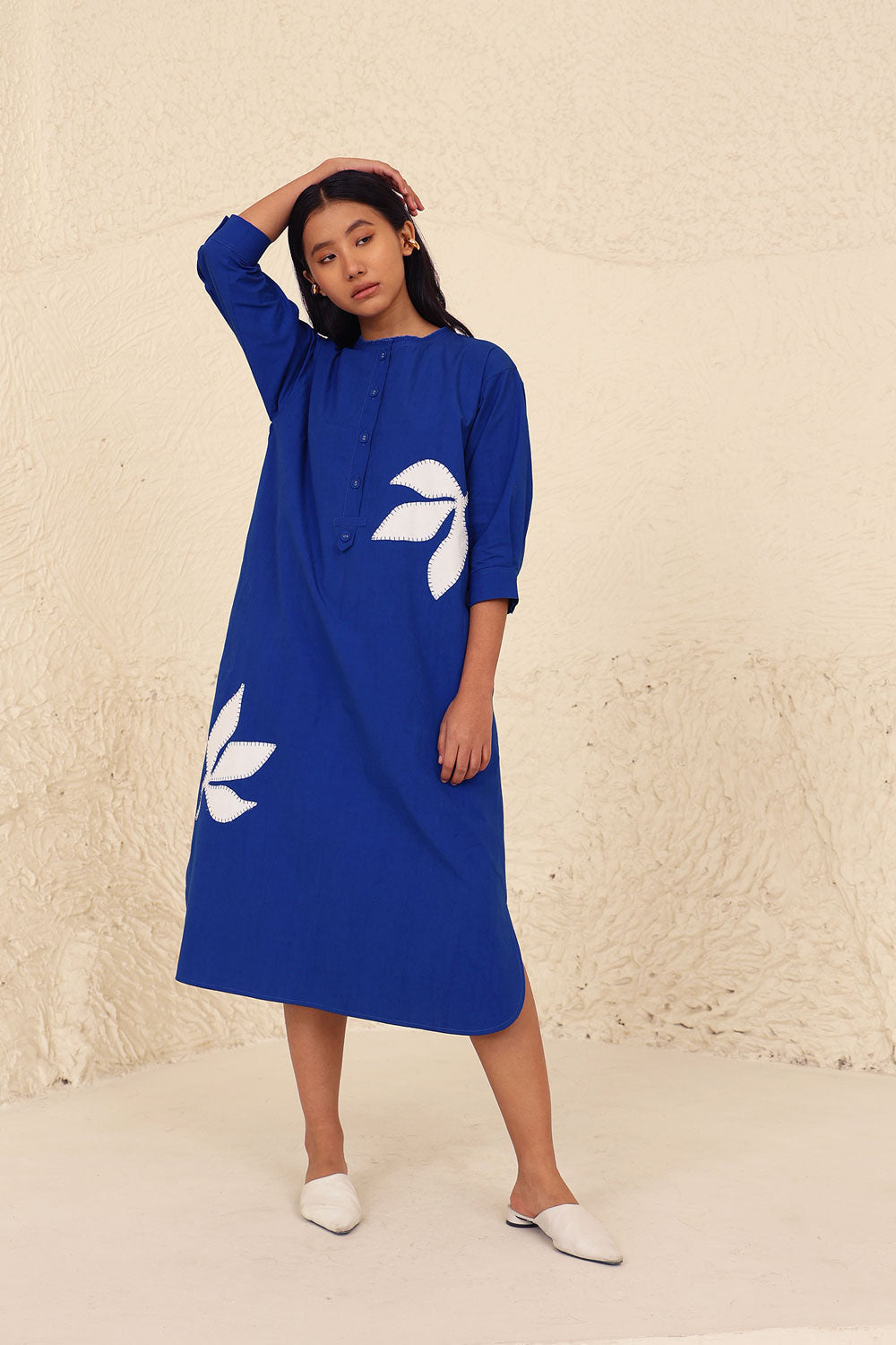 Blue Solid Cotton Dress by Kanelle with Blue, Cotton Poplin, Evening Wear, Floral, Made from Natural Materials, Midi Dresses, One by One by Kanelle, Regular Fit at Kamakhyaa for sustainable fashion