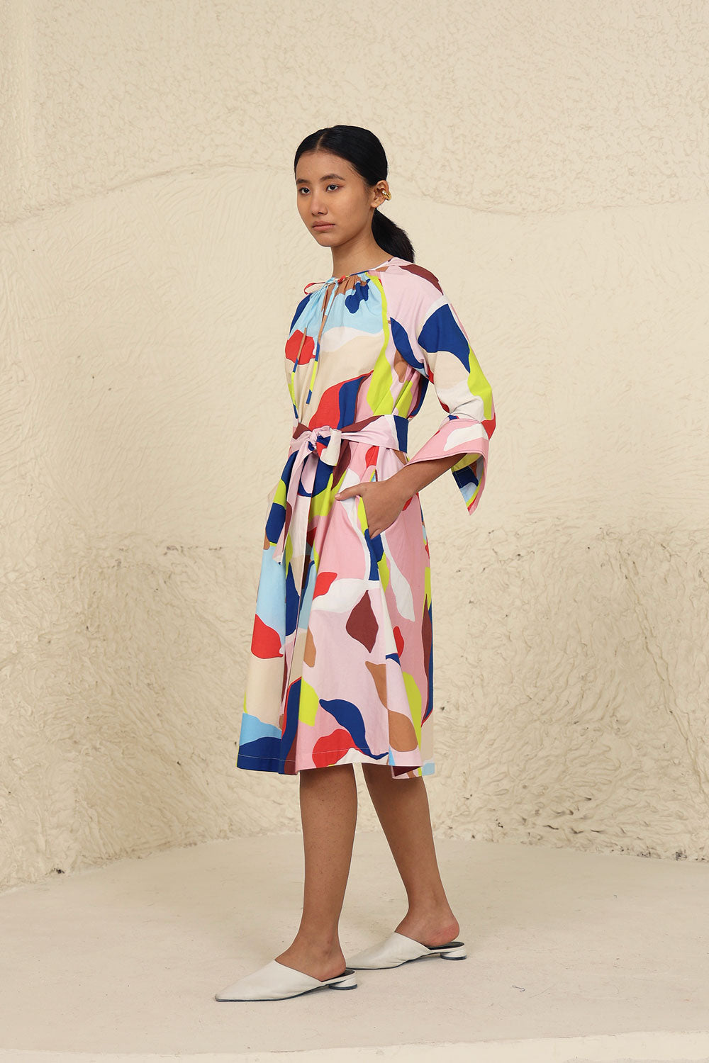 Multicolor A-line Dress with Waist Belt by Kanelle with Cotton Poplin, Evening Wear, Leafy Pattern, Made from Natural Materials, Midi Dresses, Multicolor, One by One by Kanelle, Regular Fit at Kamakhyaa for sustainable fashion