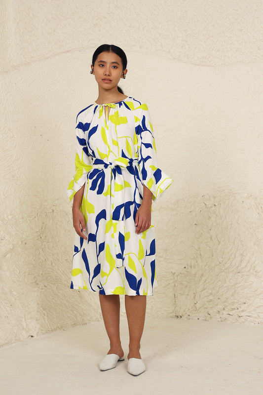 Lime and Blue Leaf Print Dress by Kanelle with Blue, Evening Wear, Leafy Pattern, Lime, Made from Natural Materials, Midi Dresses, Multicolor, One by One by Kanelle, Regular Fit, Tencel Twill at Kamakhyaa for sustainable fashion