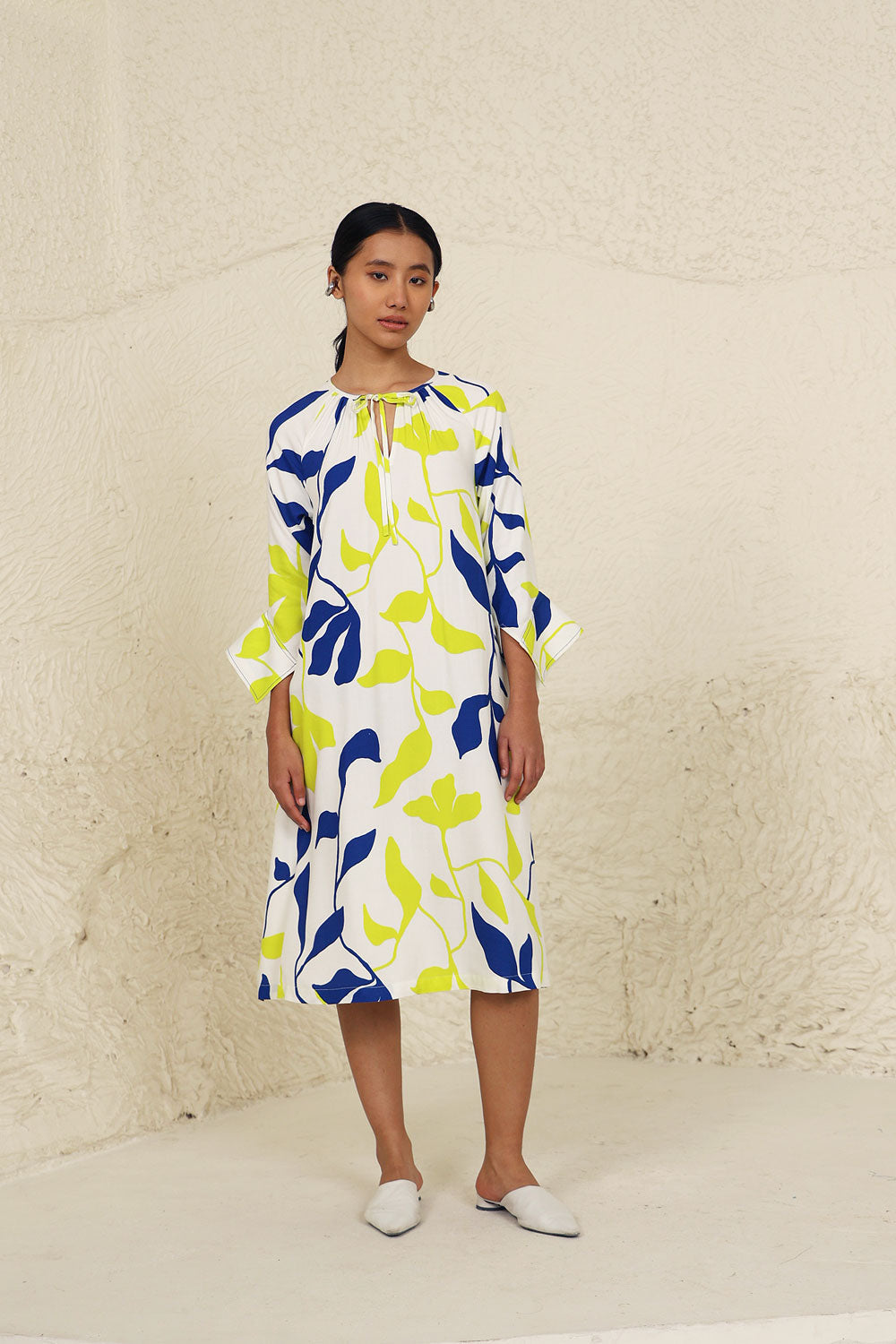 Lime and Blue Leaf Print Dress by Kanelle with Blue, Evening Wear, Leafy Pattern, Lime, Made from Natural Materials, Midi Dresses, Multicolor, One by One by Kanelle, Regular Fit, Tencel Twill at Kamakhyaa for sustainable fashion