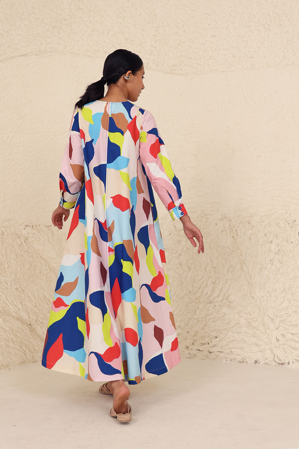 Multicolor Loose Fit Dress by Kanelle with Cotton Poplin, Evening Wear, Leafy Pattern, Made from Natural Materials, Midi Dresses, Multicolor, One by One by Kanelle, Relaxed Fit at Kamakhyaa for sustainable fashion