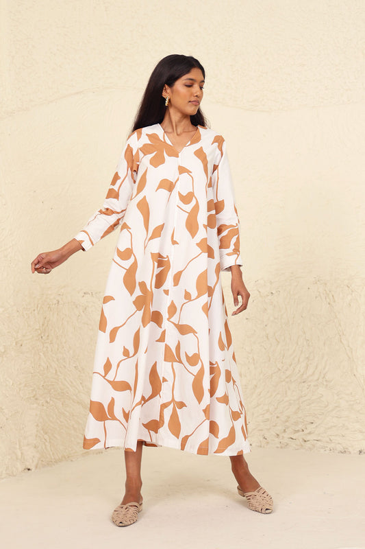 Beige Full Sleeves Cotton Midi Dress by Kanelle with Beige, Cotton Poplin, Evening Wear, Leafy Pattern, Made from Natural Materials, Midi Dresses, One by One by Kanelle, Relaxed Fit at Kamakhyaa for sustainable fashion