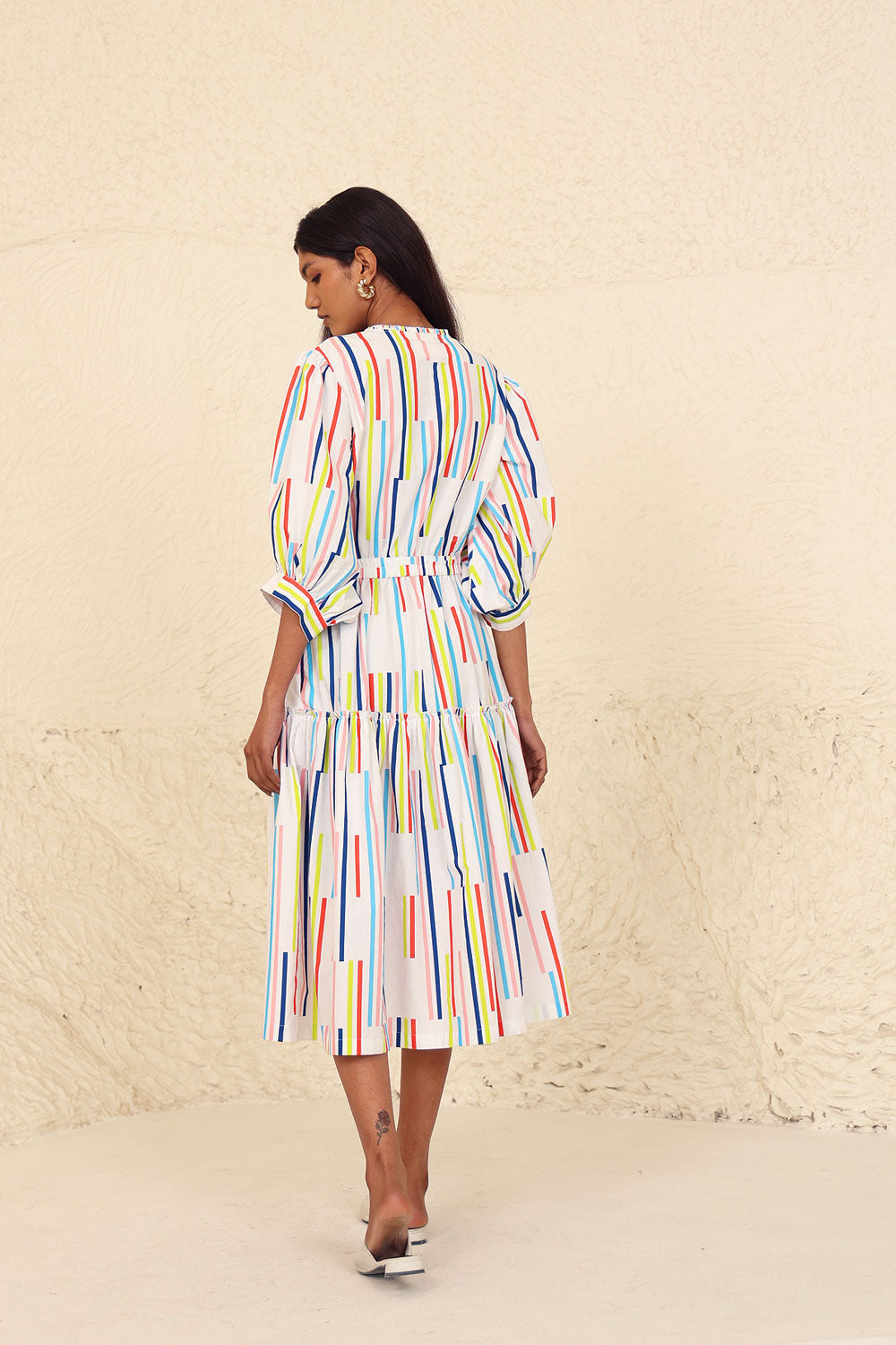 Multicolor Striped Puff Sleeve Midi Dress by Kanelle with Cotton Poplin, Evening Wear, Made from Natural Materials, Midi Dresses, Multicolor, One by One by Kanelle, Regular Fit, Stripes at Kamakhyaa for sustainable fashion