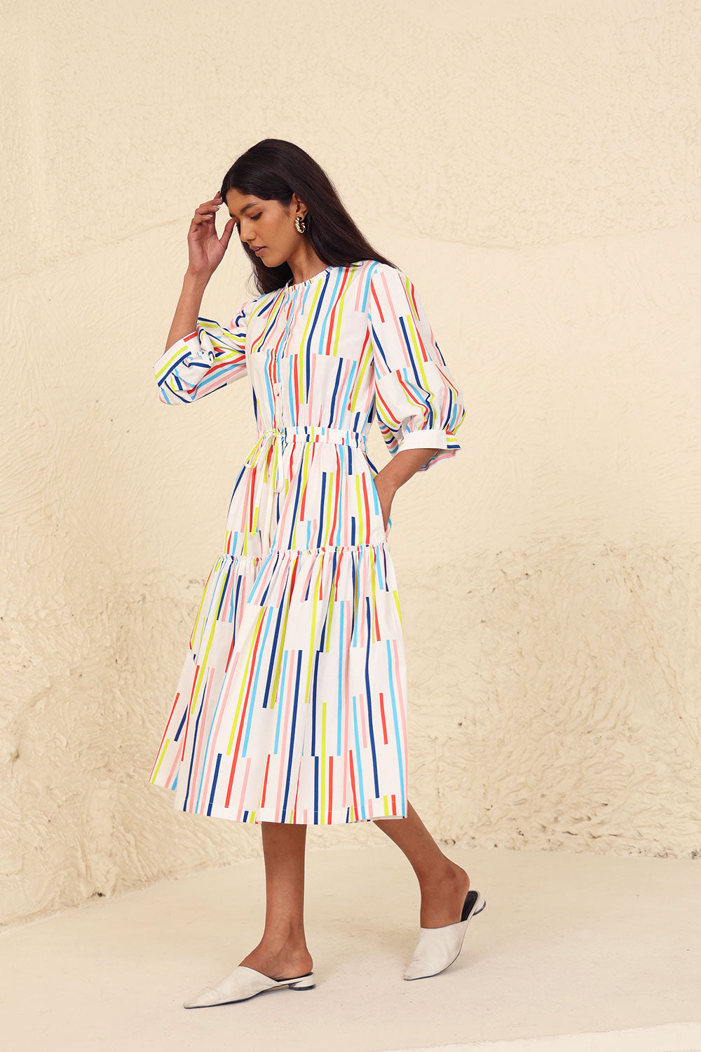 Multicolor Striped Puff Sleeve Midi Dress by Kanelle with Cotton Poplin, Evening Wear, Made from Natural Materials, Midi Dresses, Multicolor, One by One by Kanelle, Regular Fit, Stripes at Kamakhyaa for sustainable fashion