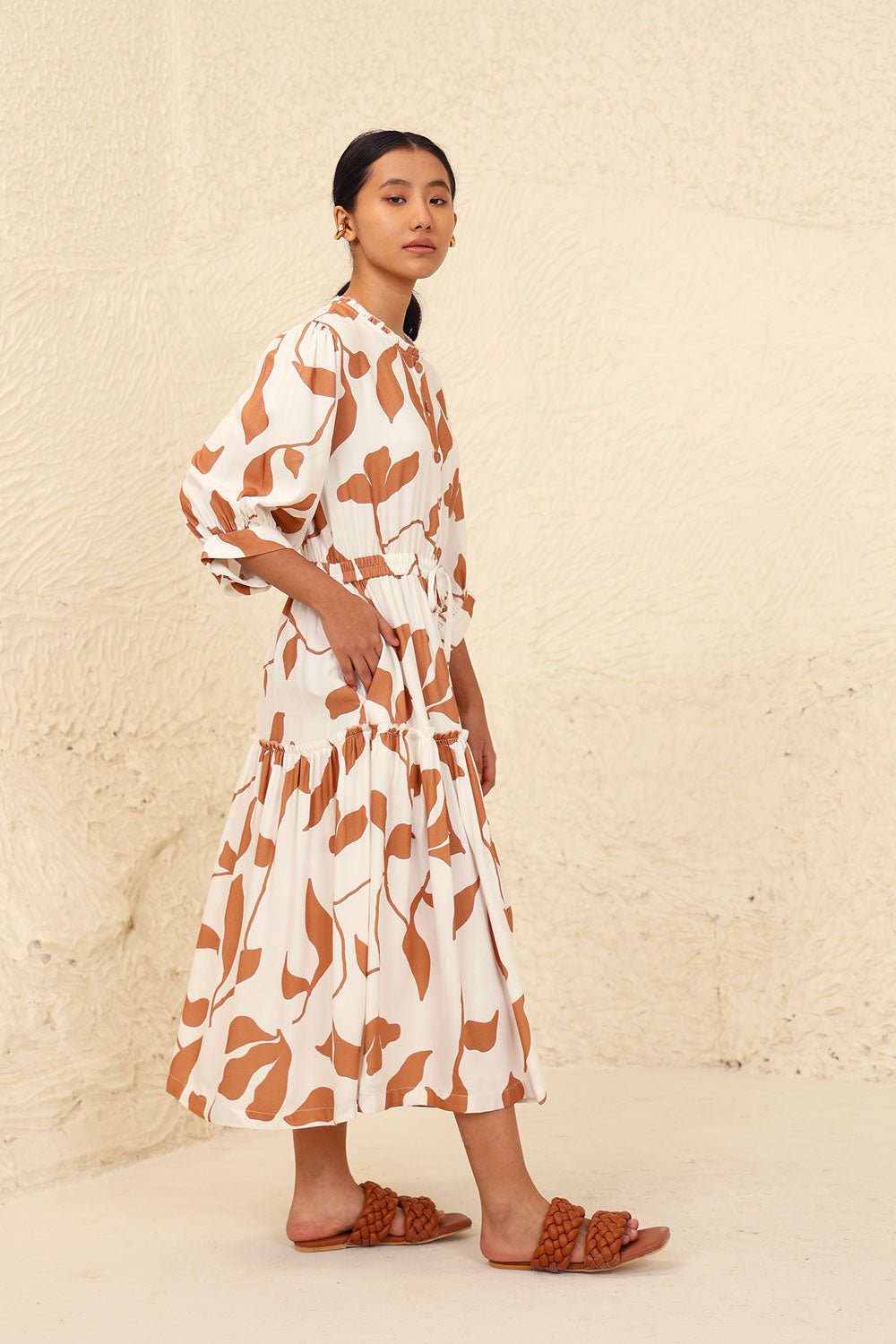 Beige Puff Sleeve Midi Dress by Kanelle with Beige, Evening Wear, Leafy Pattern, Made from Natural Materials, Midi Dresses, One by One by Kanelle, Relaxed Fit, Tencel Twill at Kamakhyaa for sustainable fashion
