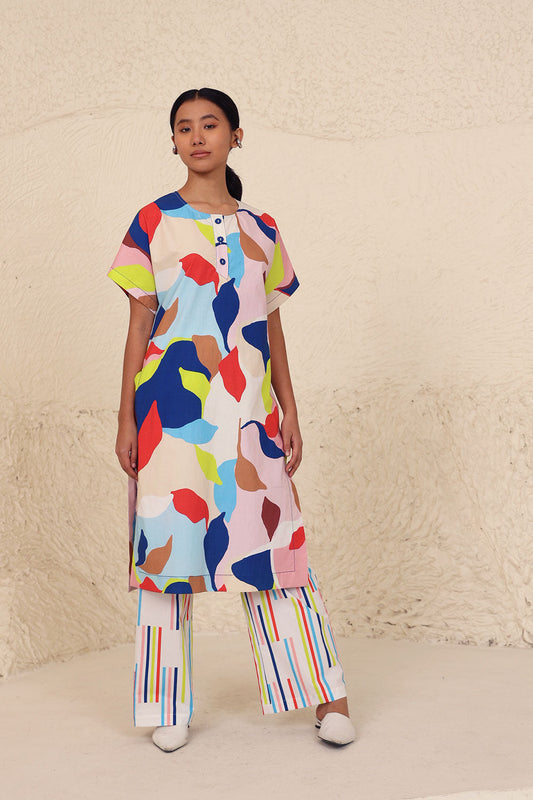 Multicolor Cotton Poplin Co-ord Set by Kanelle with Cotton Poplin, Evening Wear, Leafy Pattern, Made from Natural Materials, Multicolor, One by One by Kanelle, Regular Fit, Vacation Co-ords at Kamakhyaa for sustainable fashion